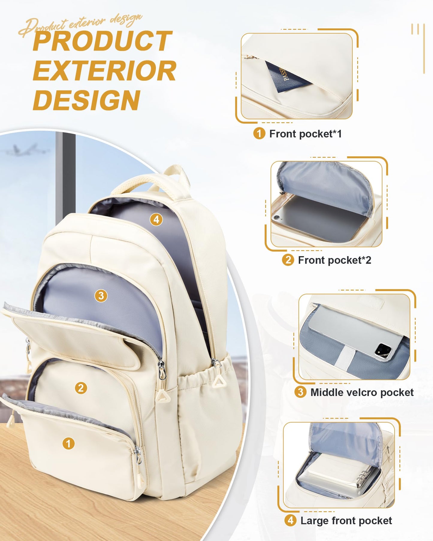 School Backpack for Women Men High School Bag for Boys Girls Teens Waterproof College Laptop BackpackBackpack Carry on(Beige)