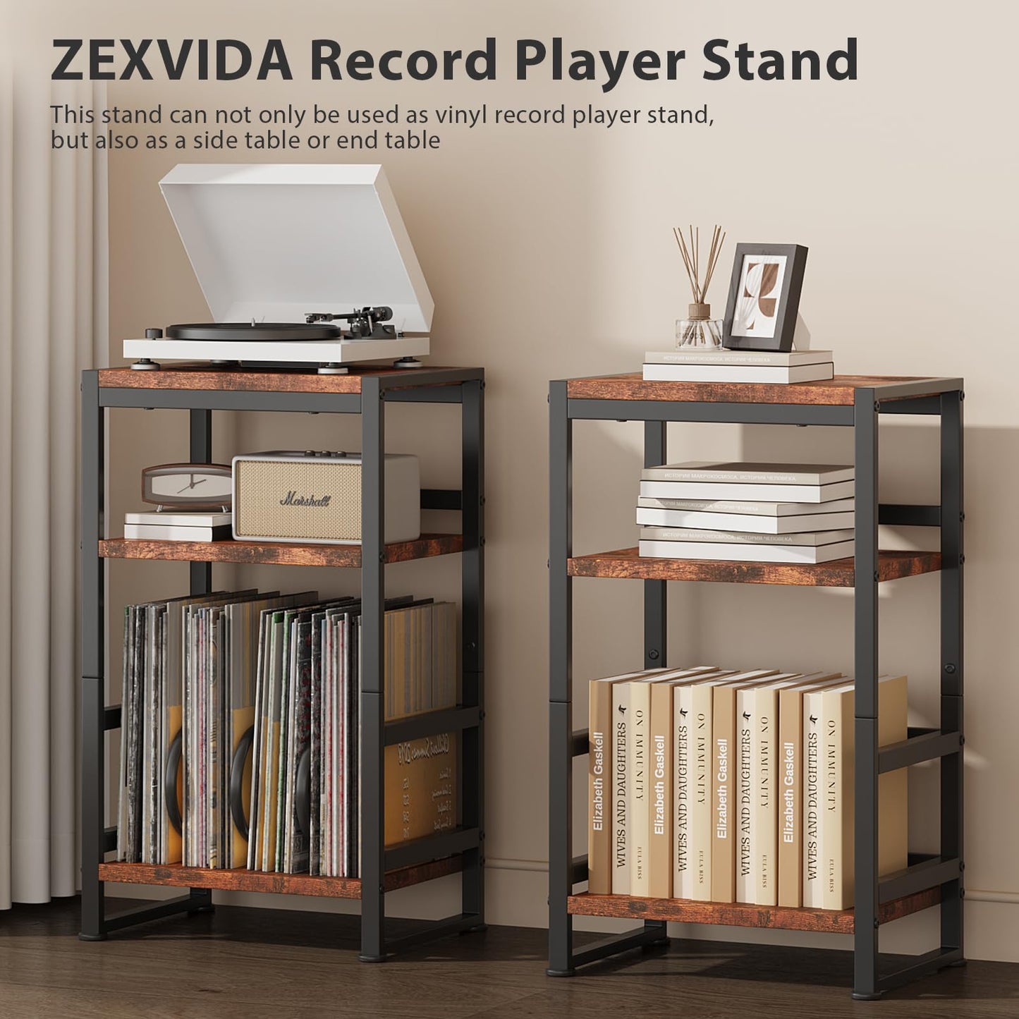 ZEXVIDA 3-Tier Vinyl Record Player Stand, End Table for Album Storage, 28" H Record Player Stand with Storage Up to 120 Albums, Side Table for Living Room Bedroom