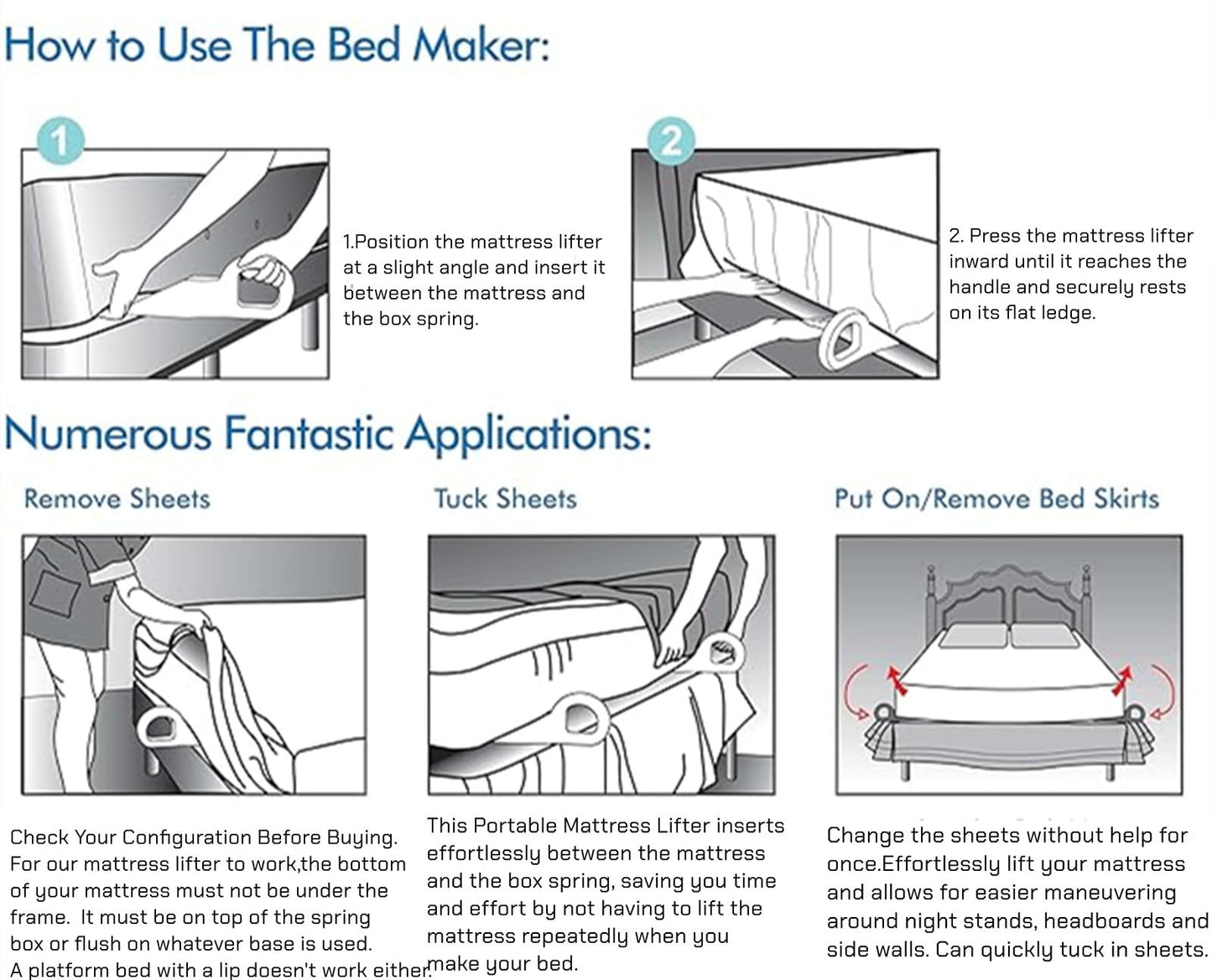 Mattress Lifter,Mattress Elevator,Bed Making Aid with Bed Sheet Tucker Tool for Easy Cleaning Bed Lifter for Back Pain Relief