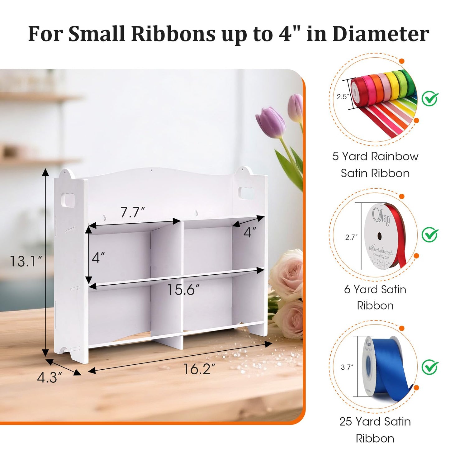Krafetto Stackable Small Roll Ribbon Storage Organizer Rack, Wall-Mountable Ribbon Holder Rack for Craft Room, Desktop Ribbon Spool Holder for Ribbons up to 4" in Diameter