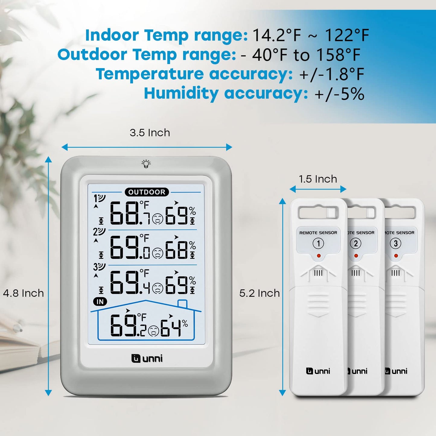 Weather Stations Indoor Outdoor Thermometer Wireless, 4.5 Inch Display Digital Hygrometer Thermometer Temperature Humidity Monitor with 330ft Range Sensor and Adjustable Backlight (White)