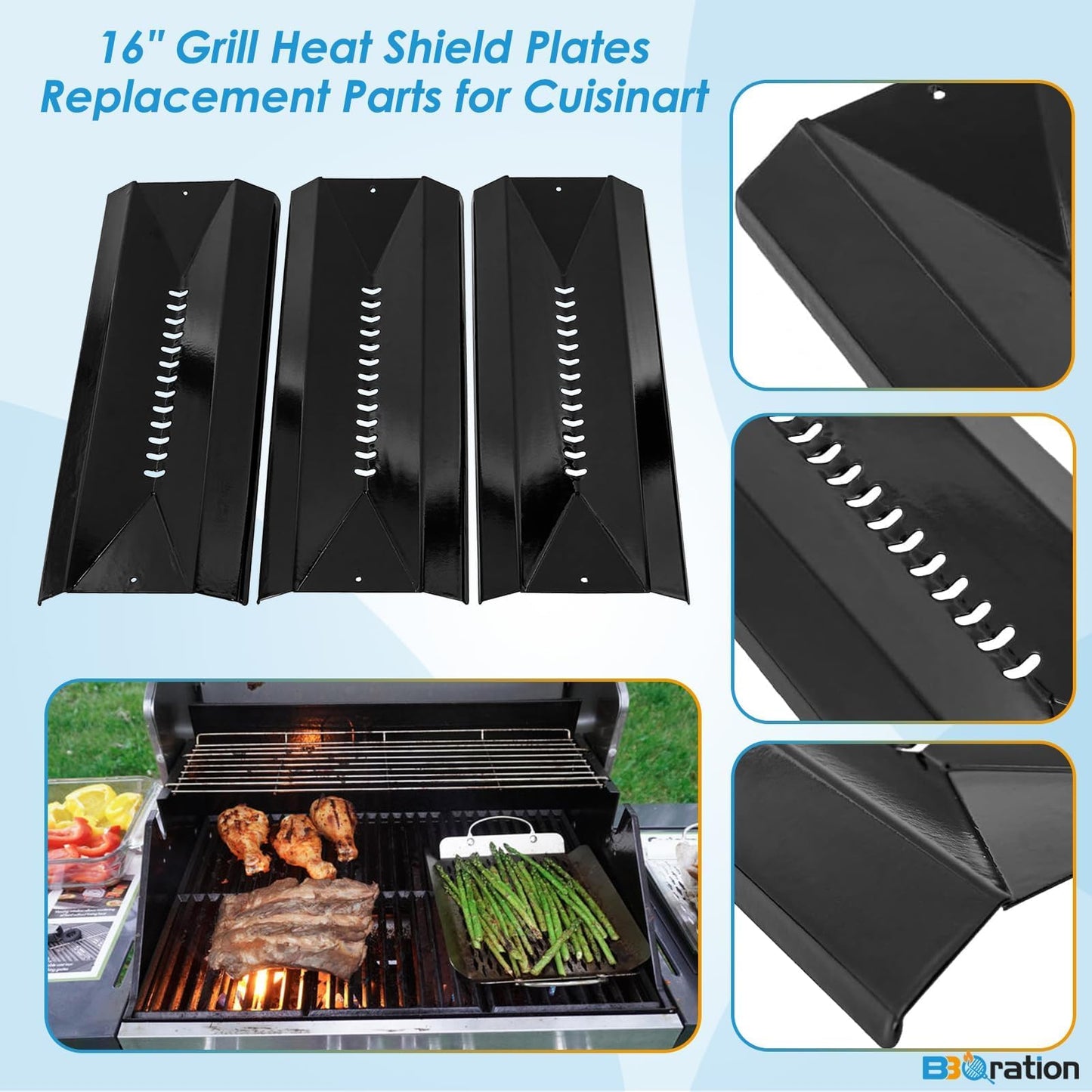 BBQration 16" BBQ Heat Shield for Cuisinart G52502 85-3033-2, Centro 3800, 4800, 5800 and More Grill Models, Porcelain Steel Heat Plates Replacement Parts, 3-Pack