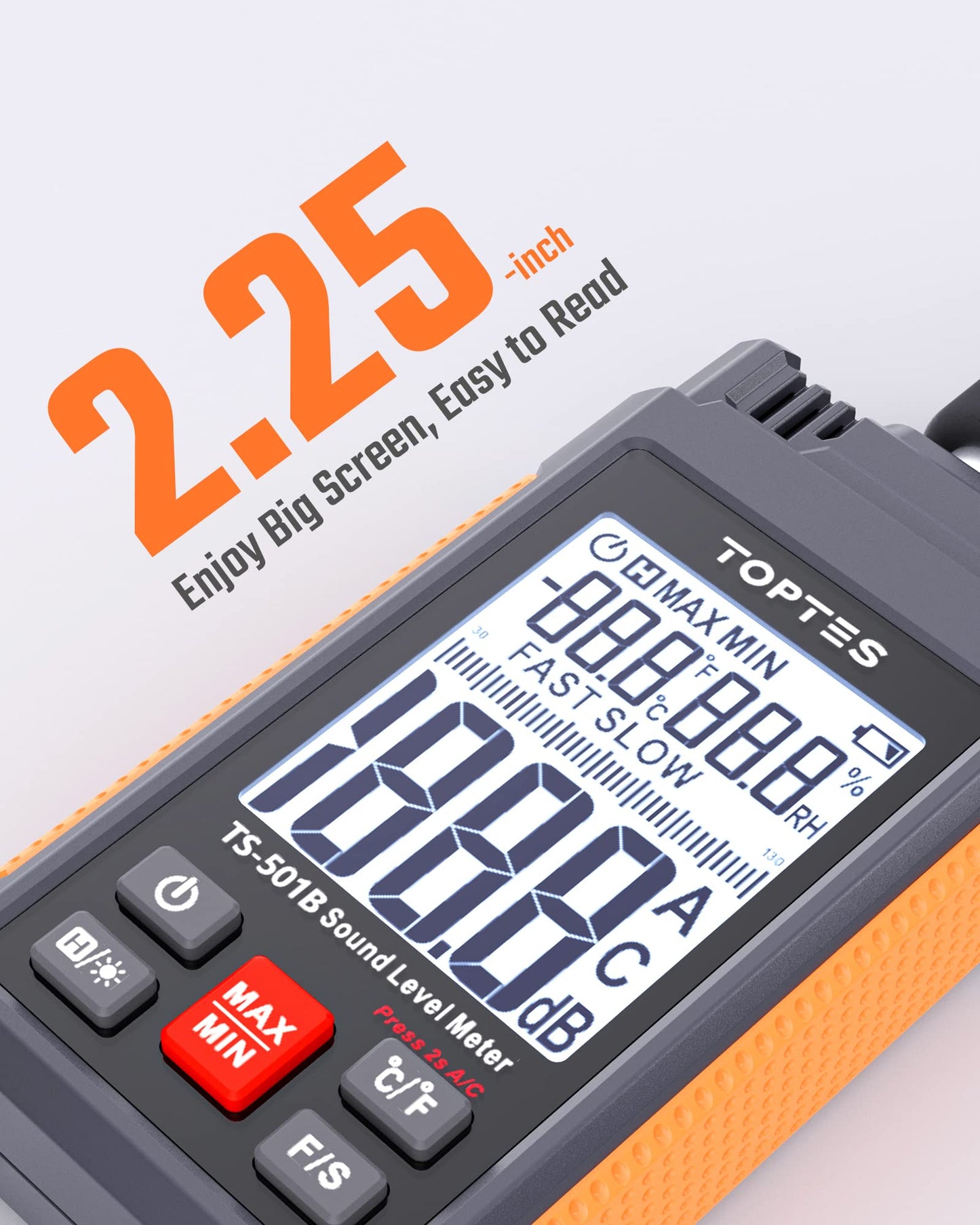 TopTes TS-501B Sound Level Meter with 2.24” Backlit LCD Screen, A/C Weighted Decibel Meter, Range 30-130dB, Temperature & Humidity, MAX/MIN, Data Hold, Use for Home, Noisy Neighbor, Factory - Orange