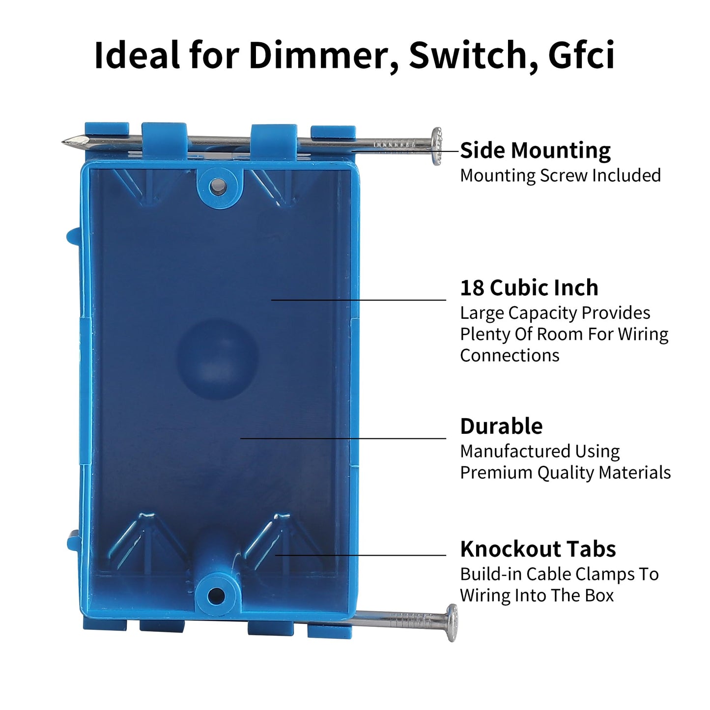 10-Pack Single Gang Electrical Box, New Work Box 1 Gang with Nail, 18 cu. in, Blue Switch & Outlet PVC Wall Electrical Junction Box for Residential Commercial Buildings Job Applications