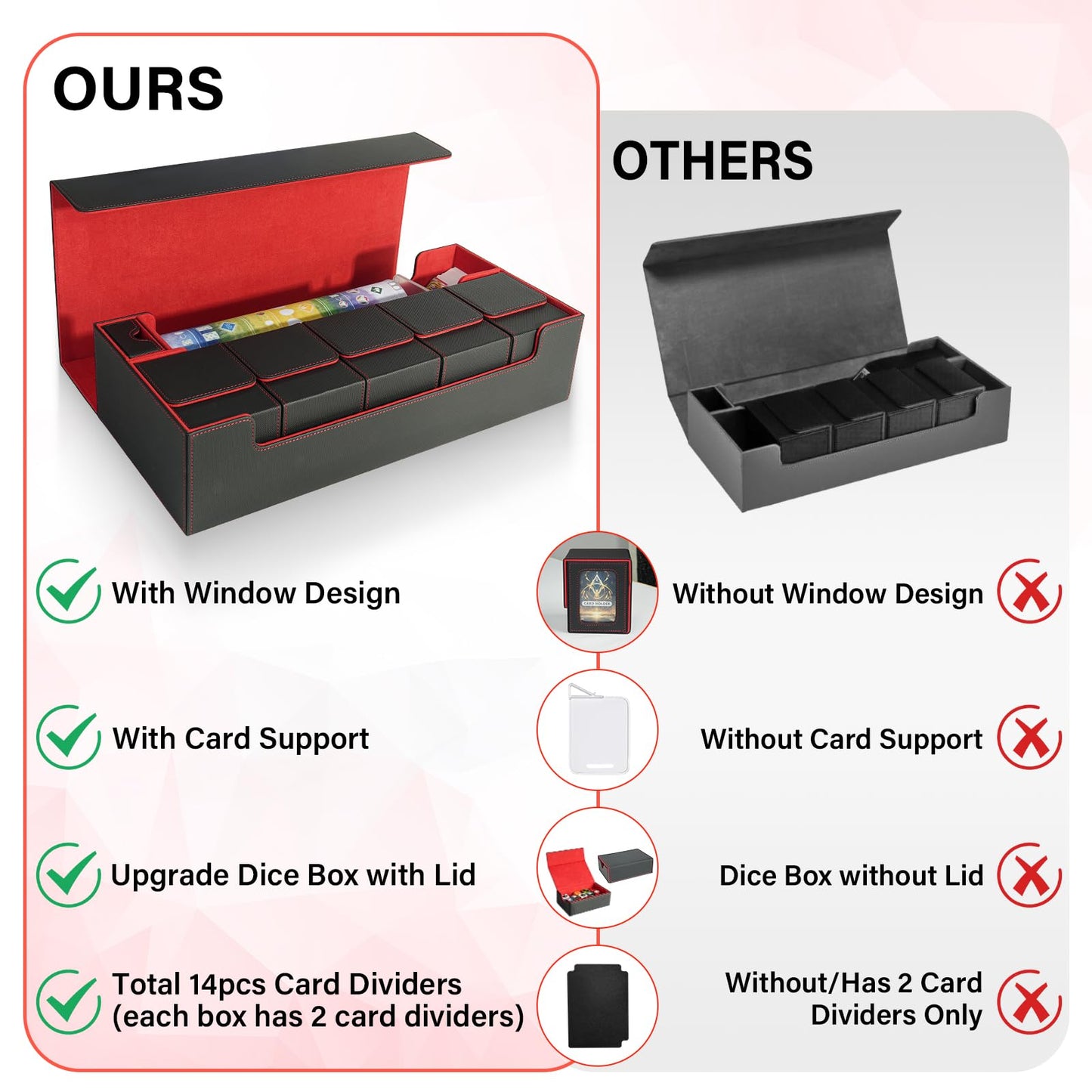 Jaffzora Card Deck Box for MTG Commander, Large 6 in 1 Card Storage Display Case with 5PCS TCG Deck Boxes & Dice Tray, Holds 2400+ Unsleeved Trading Cards (Black&Red Set)