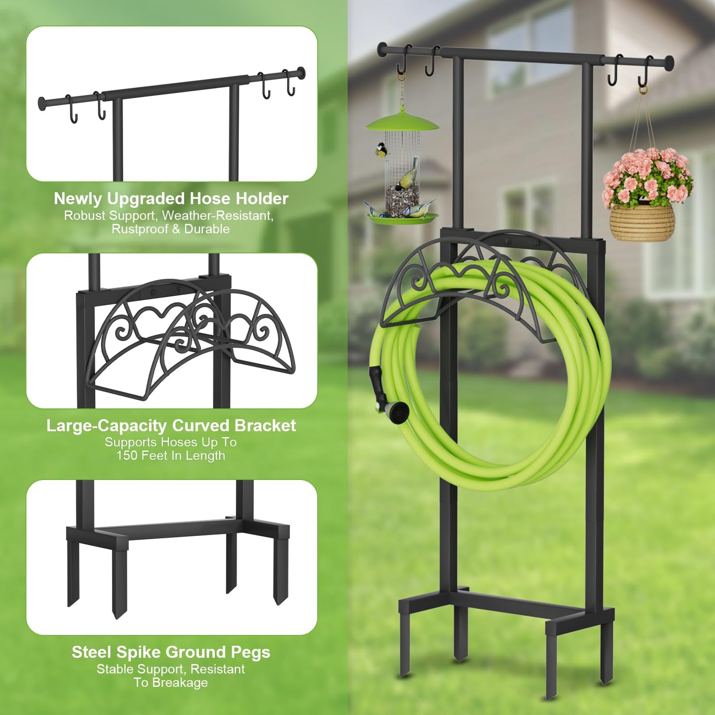 NEYCIL Garden Hose Holder with Telescopic Pole, Freestanding Garden Hose Stand Stake with 4 Spikes, Heavy Duty Sturdy Metal Hose Storage Rack and Hanger for Outside Yard Lawn Farm, Black