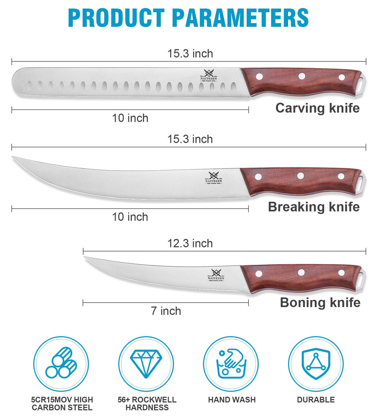 Naitesen 3PCS Professional Meat Knives Set, Butcher Knife, Very Sharp Brisket Carving Knife for BBQ Slicing Cutting Full Tang Rosewood Handle High Carbon Steel, Gifts for Men Women