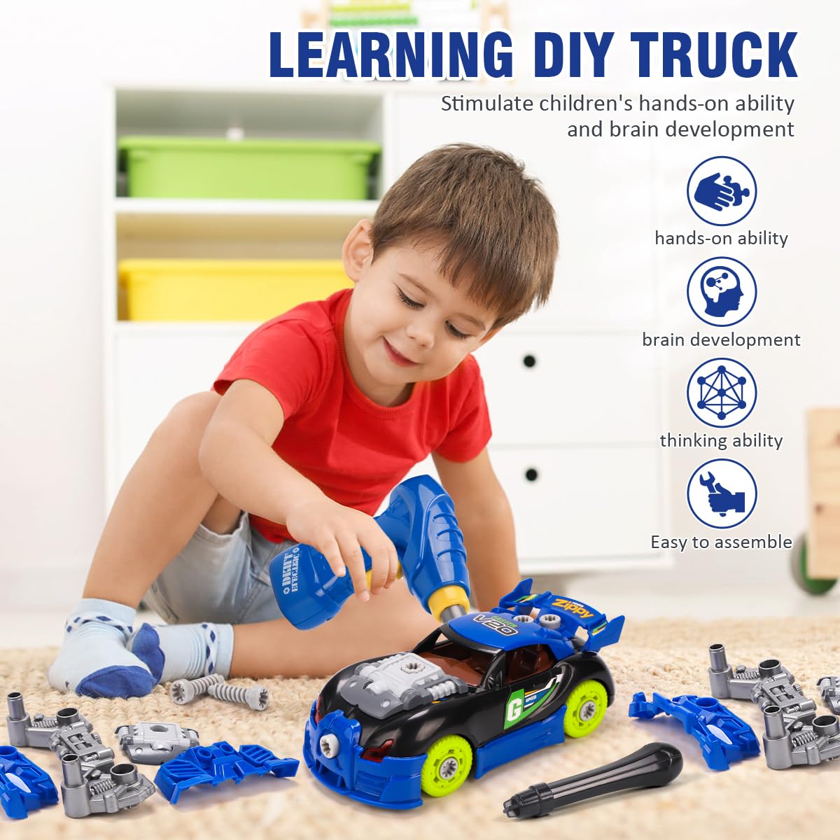 KaeKid 3 in 1 Car Toys for Kids 3-5 6-8, Take Apart Racing Car with Electric Drill Tool Light&Sounds, Construction Set STEM Building Learning Game for 3 4 5 6 Year Old Boys and Girls Gifts