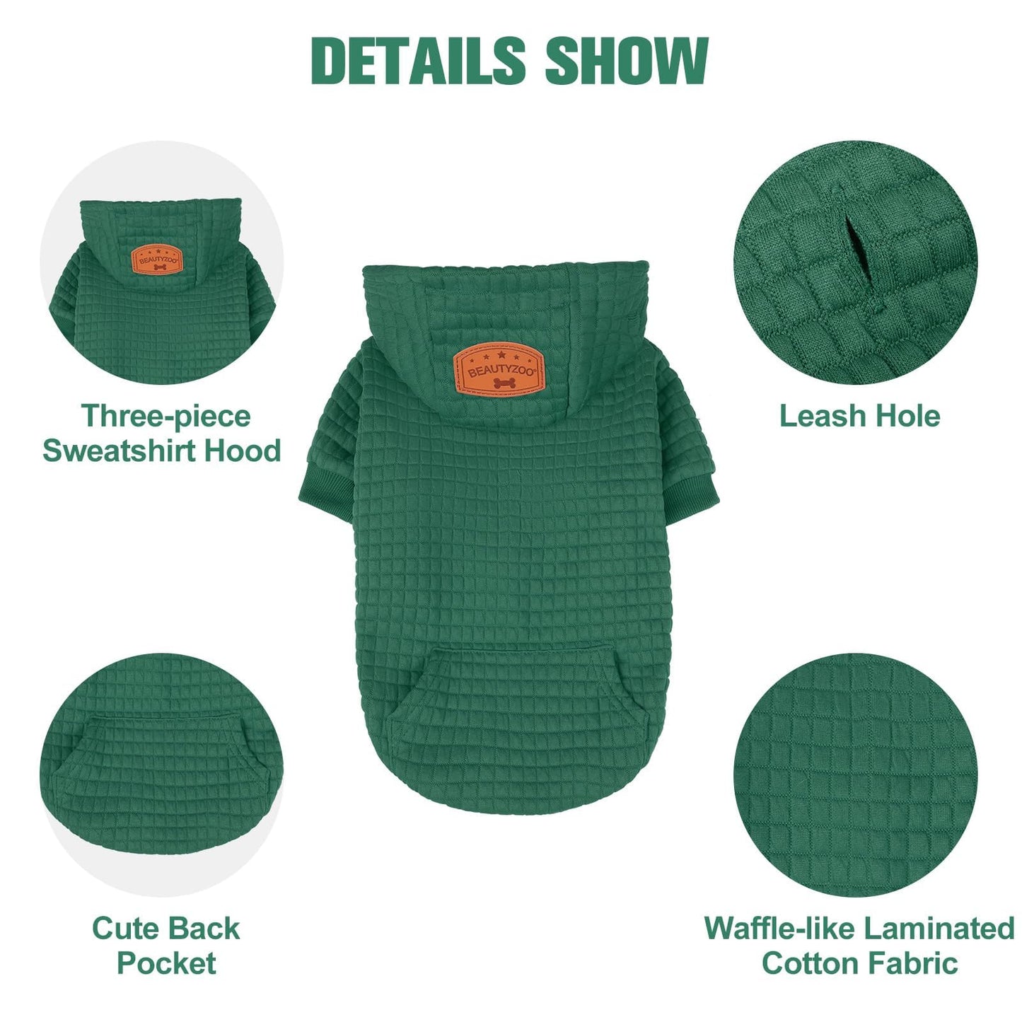 BEAUTYZOO Small Dog Hoodie Sweater with Pockets, Dog Clothes for Small Medium Dogs Boy Girl, Waffle-Like Laminated Cotton Pet Coats with Hat and Leash Hole, Green XL