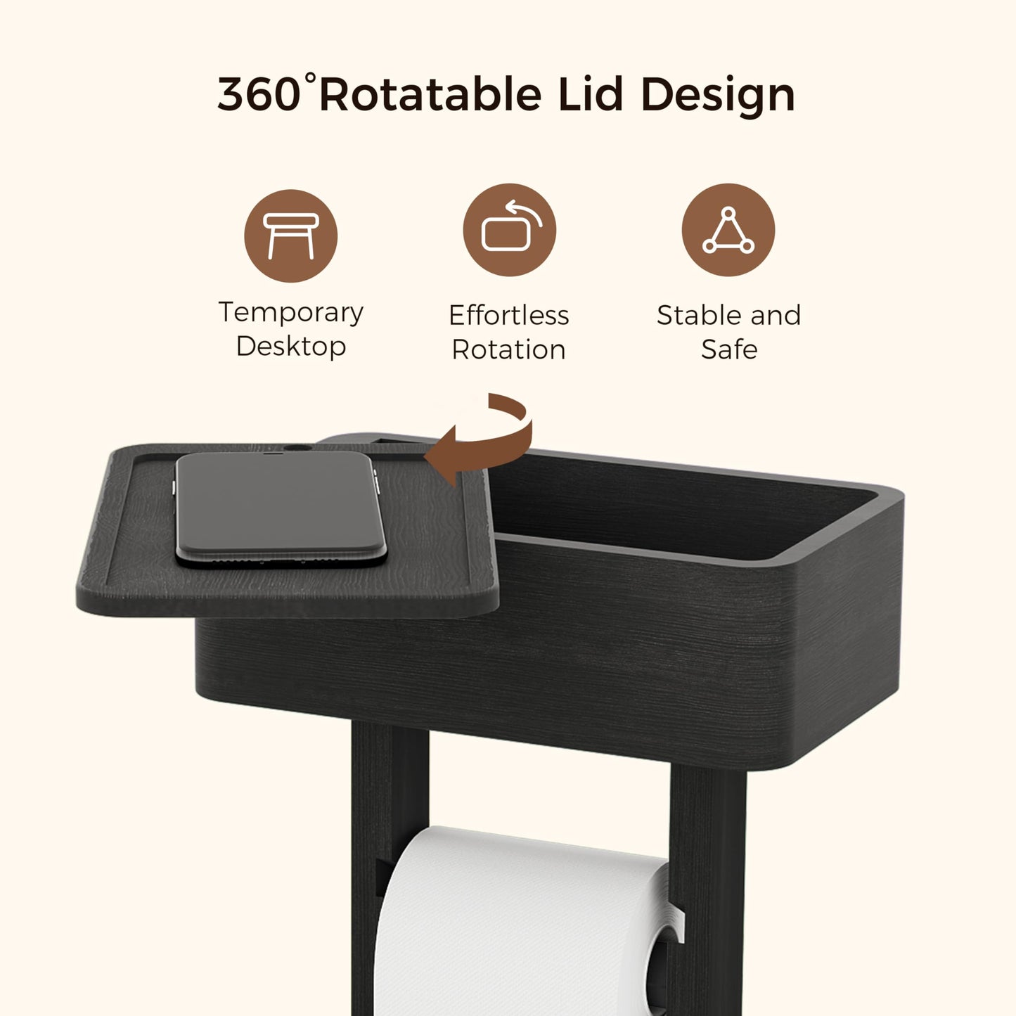 Wealone 4-in-1 Black Toilet Paper Holder Stand with Storage Shelf Box, Bamboo Free Standing Toilet Tissue Roll, Toilet Wipes Dispenser Organizer, Temporary Desktop for Bathroom (Patent Protection)