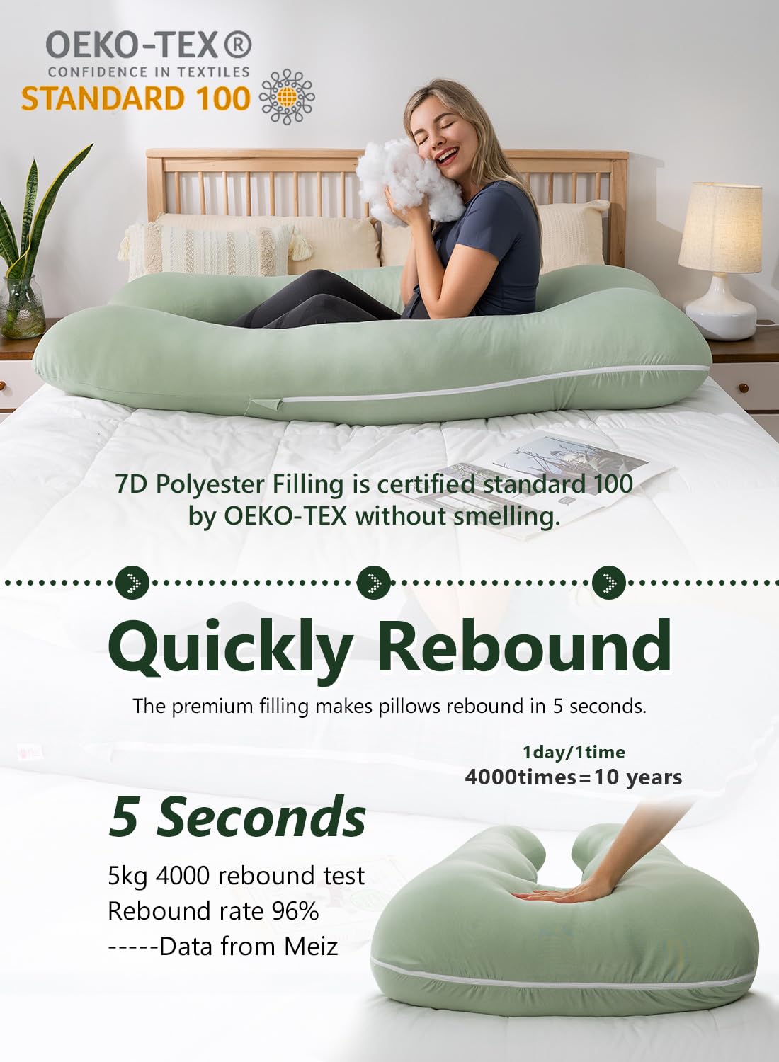 Meiz Cooling Pregnancy Pillows, 55 Inch U Shaped Pregnancy Pillows for Sleeping, Maternity Pillow for Pregnant Women, Rayon Cover from Bamboo, Green