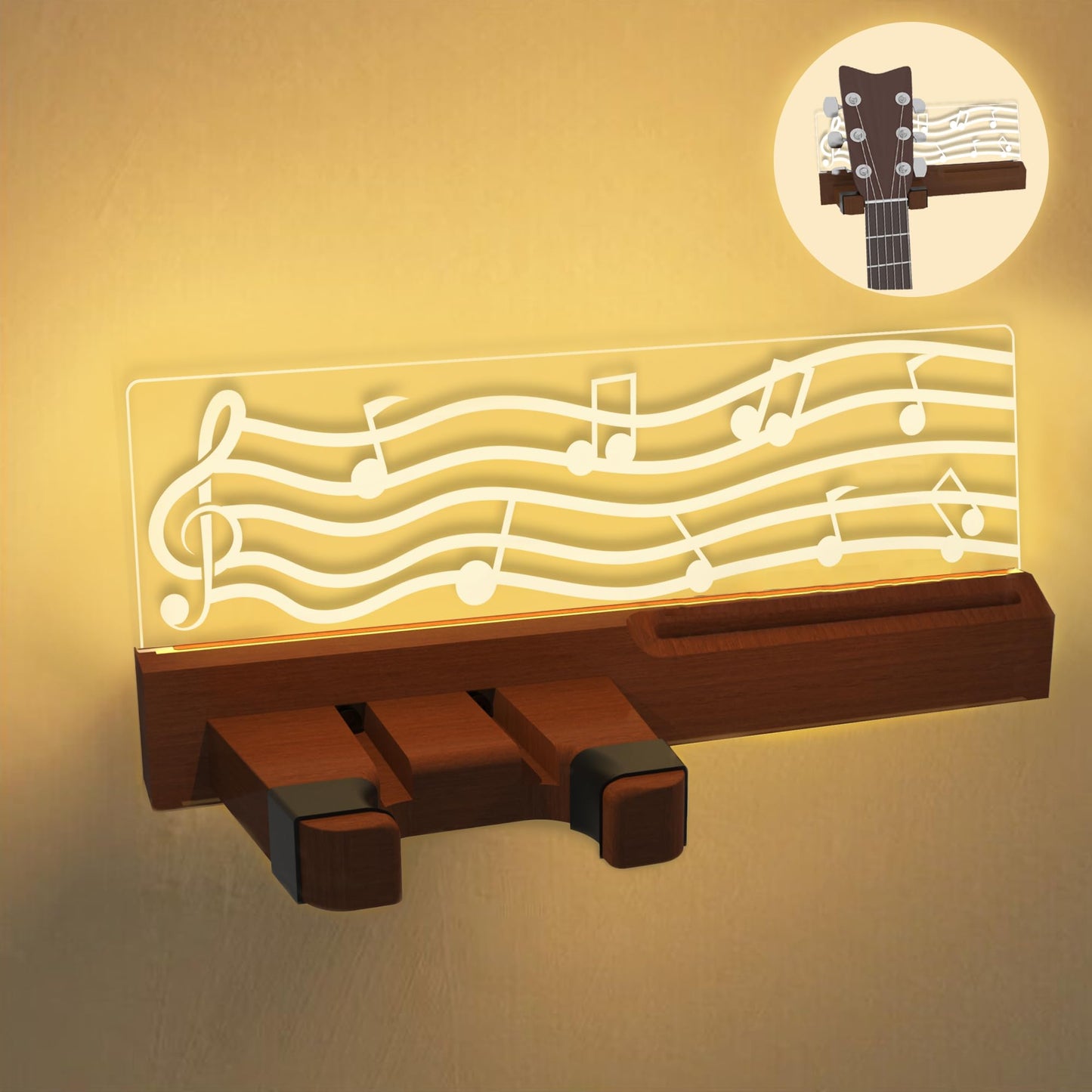 YuanDian Light Up Guitar Wall Mount with Pick Holder, LED Wooden Guitar Hanger USB Powered for Acoustic, Electric, Bass, Ukulele, Mandolin Display and Storage,Gifts for Guitar Players Men