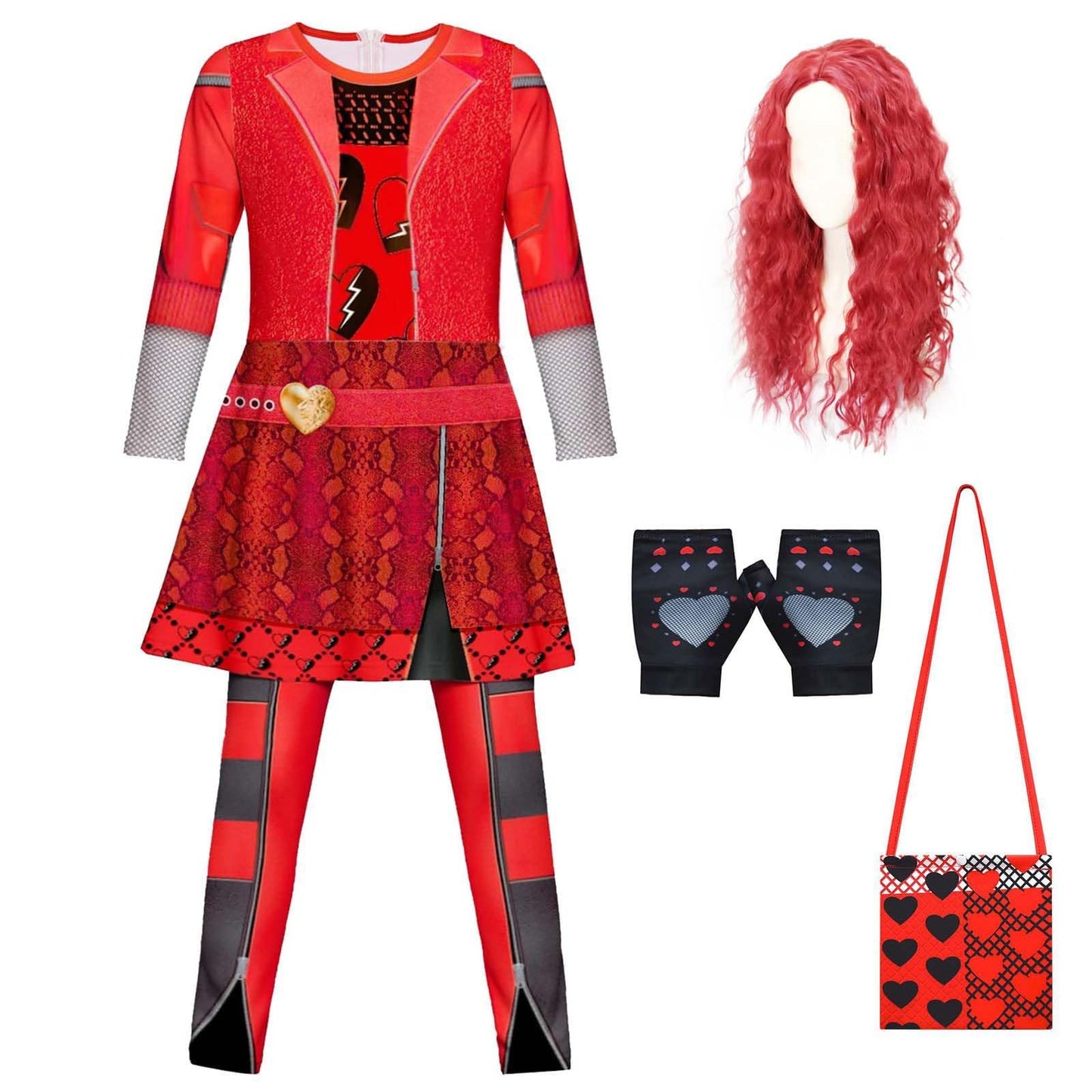 Puppyhao 4Pcs Rise of Red Costumes for Girls Red Descend Costume Wig Bag Gloves Princess Party Dress up Halloween Outfits