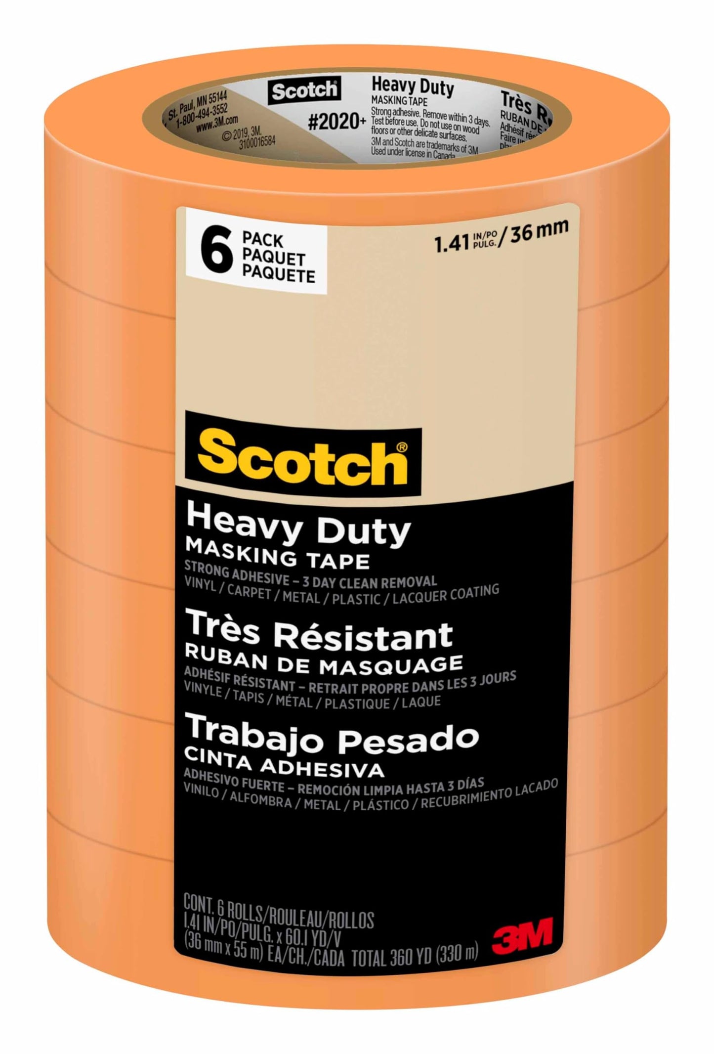 Scotch Heavy Duty Painter's Tape, 6 Rolls, 1.41 in x 60.1 yd, for Use On Vinyl, Carpet, Metal, & Plastic, Indoor & Outdoor Masking Tape, Bonds Aggressively, 3-Day Clean Removal (2020+-36AP6)