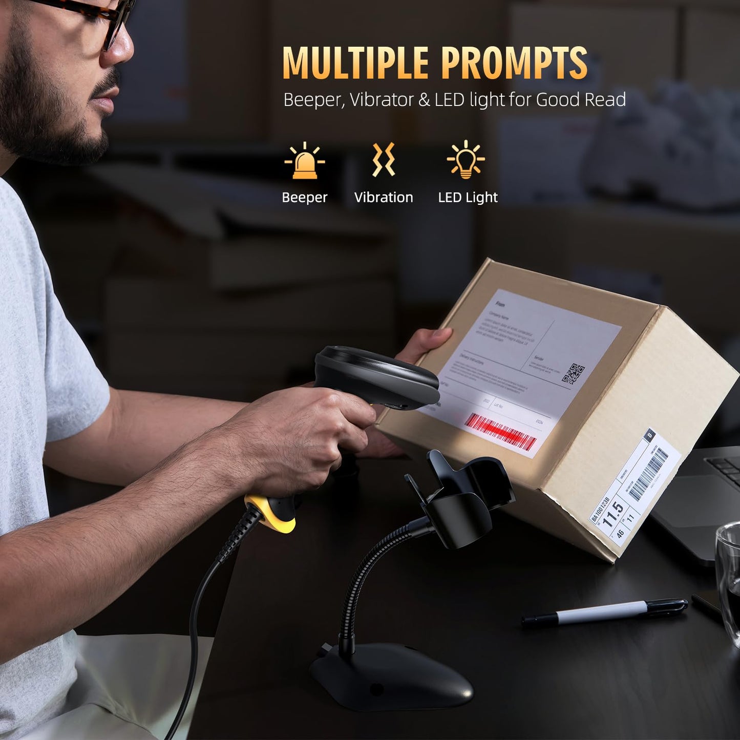 TEEMI 2D Barcode Scanner with Smart Stand USB Wired Handheld Automatic QR Data Matrix PDF417 OCR bar Codes Imager Global Shutter Computer Screen Scan for Windows Mac and Linux PC POS, Stand Included