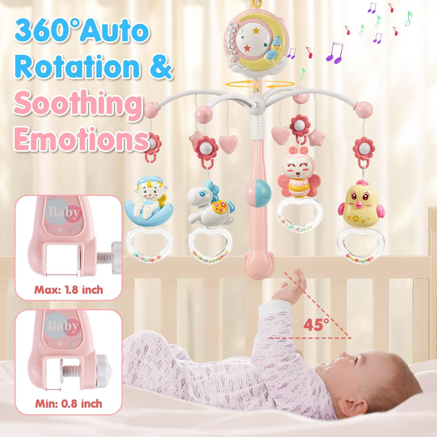 BOBXIN Baby Musical Crib Mobile for Bassinet with Projector and Night Light,150 Music,Timing Function,Take Along Mobile Music Box and Rattle,Toy for Newborn Girls Boys 0-12 Months