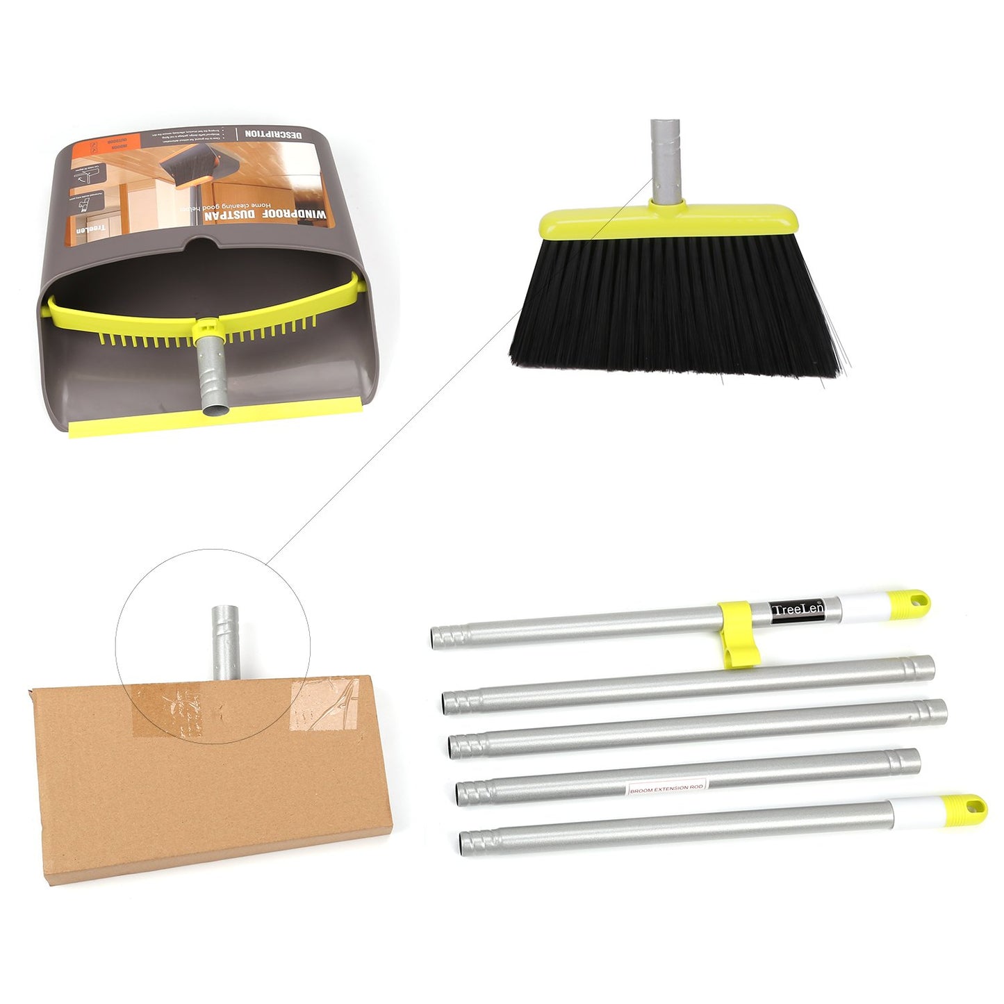 TreeLen Broom and Dustpan Set, Broom with Dust Pan with Long Handle Combo Set for Office and Home Standing Upright Sweep Use with Lobby Broom