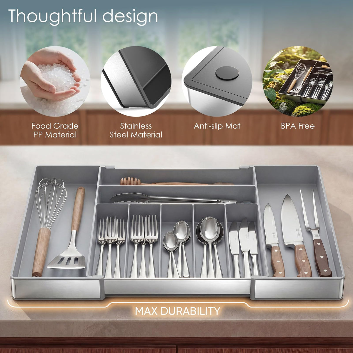 Heavy Duty Stainless Steel Frame Silverware Organizer with Plastic Body, Extra Large Silverware Drawer Organizer, 9 Slot Expandable Kitchen Drawer Organizer, 8 Non-Slip Feet Included, BPA Free, Gray