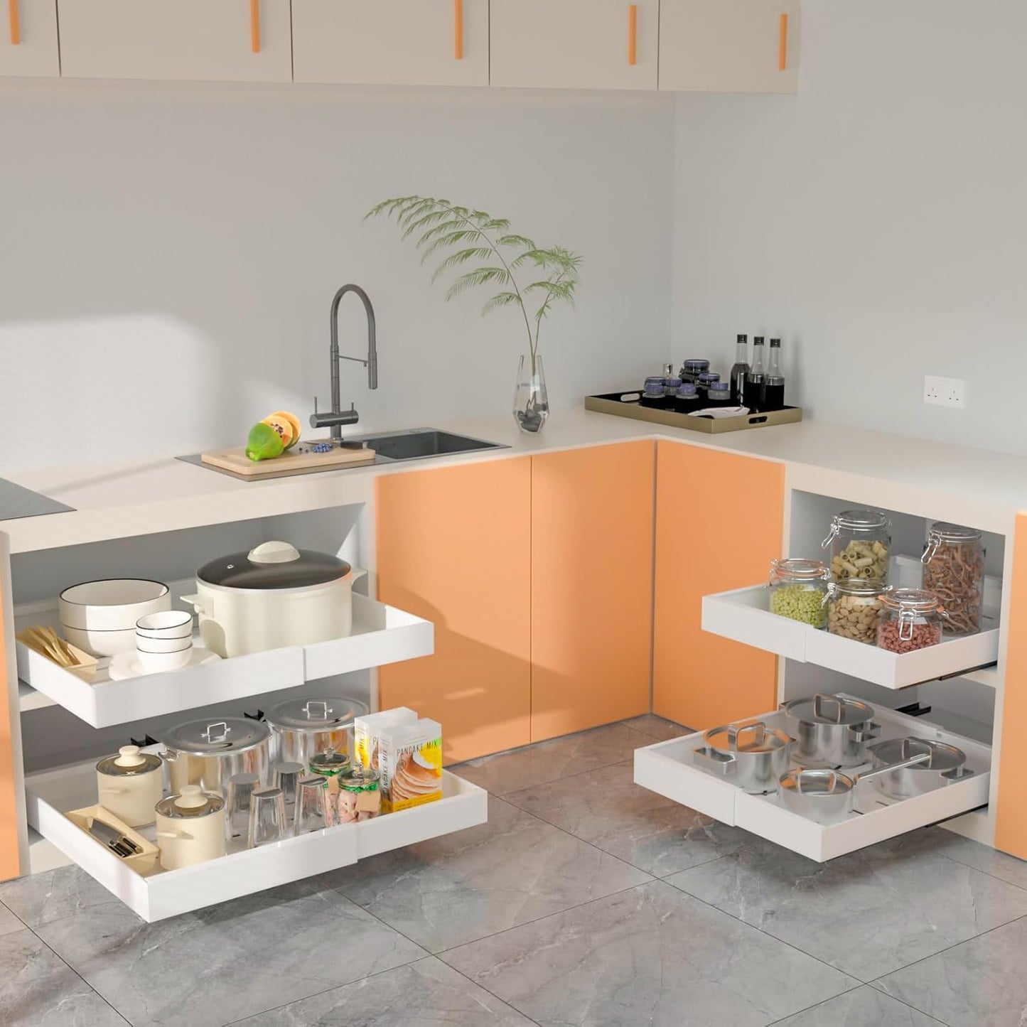 FENGBIAO 2 Pack Expandable Pull Out Cabinet Organizer 21" Deep, Upgrade 3 Slide Rails Slide Out Drawers for Kitchen Cabinets, No Drill Roll Out Shelves Adhesive, Adjustable Width 12.4"-20.4" White