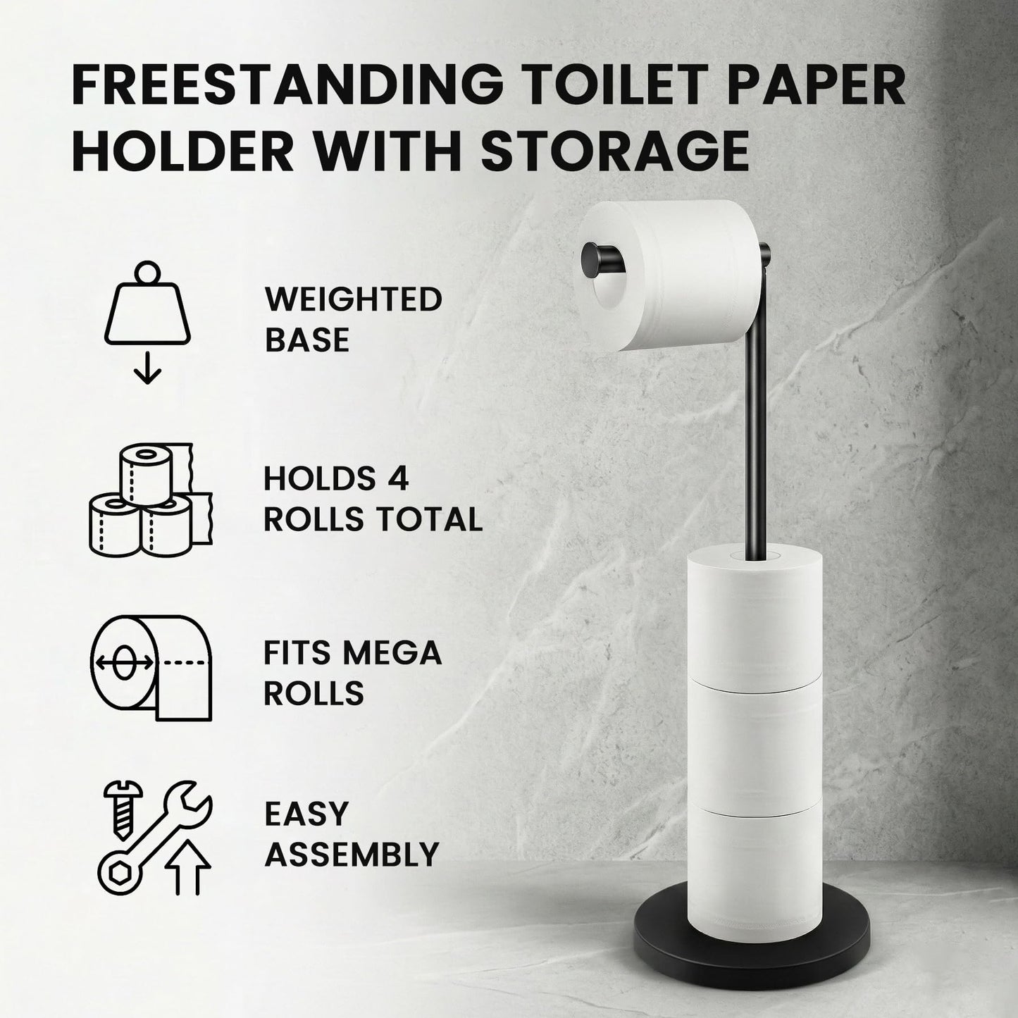 Cesun Toilet Paper Holder Stand Free Standing, Black Toilet Paper Storage with Heavy Weighted Base, Bathroom Stainless Steel Toilet Paper Roll Holder, Non-Slip, Matte Black