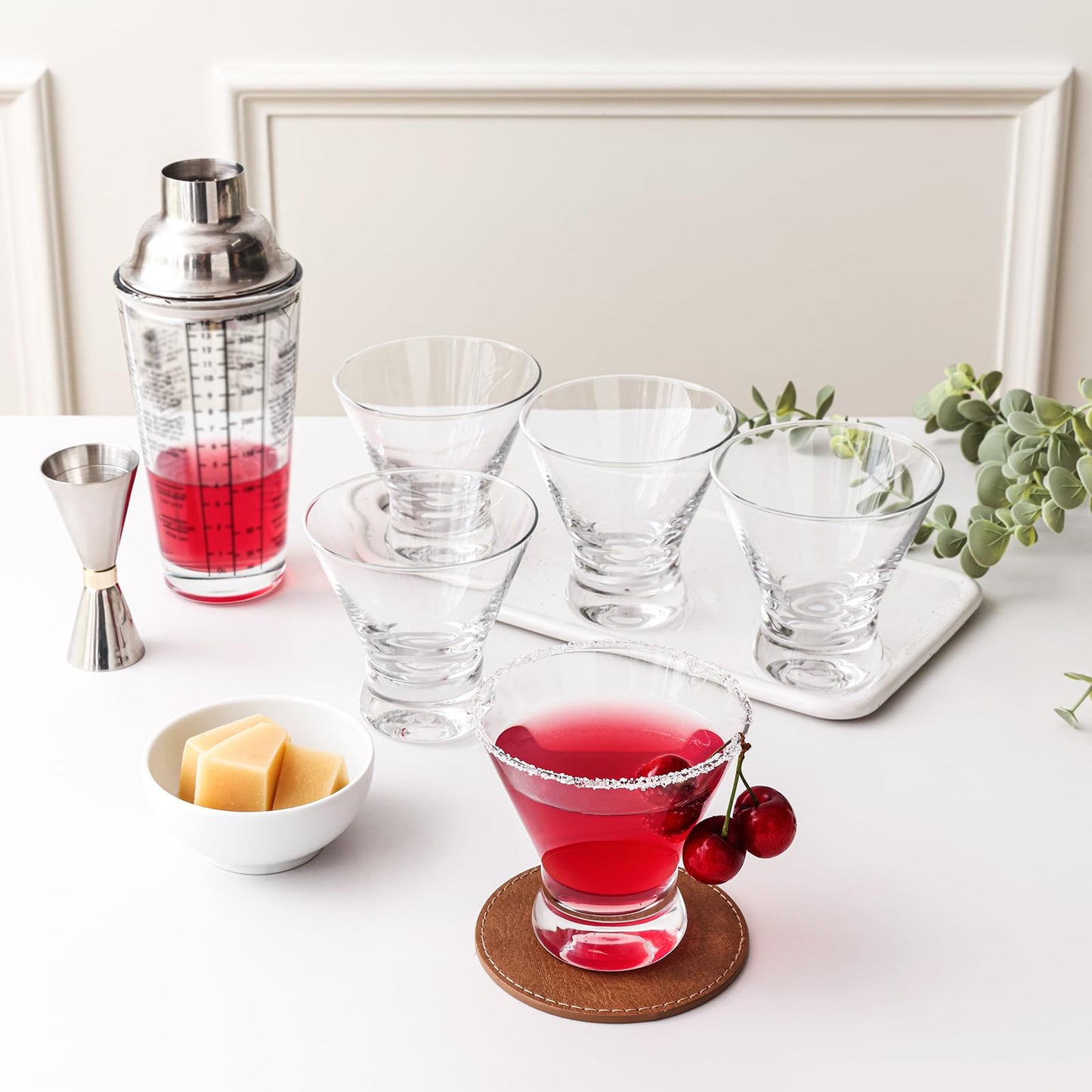 Martini Glasses Set of 6, 8oz Stemless Martini Cocktail Glasses for Margarita, Cosmopolitan, Manhattan, Home Bar, Gimlet, Pisco Sour, Brandy, Crystal Clear
