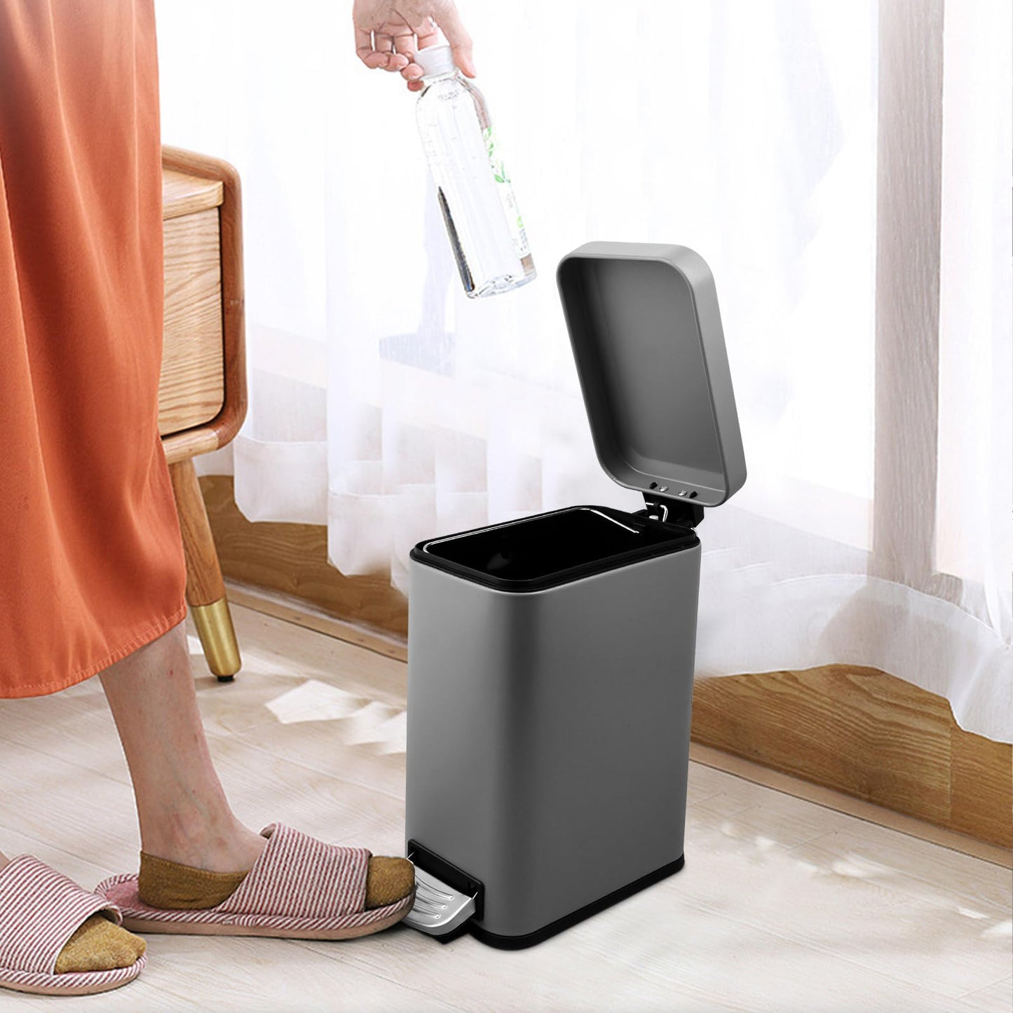 5 Liter/1.3 Gallon Slim Small Trash Can with Lid Soft Close, Stainless Steel Garbage Can for Bathroom Bedroom Office, Rectangular Step Trash Bin with Removable Inner Waste Basket (Platinum Gray)