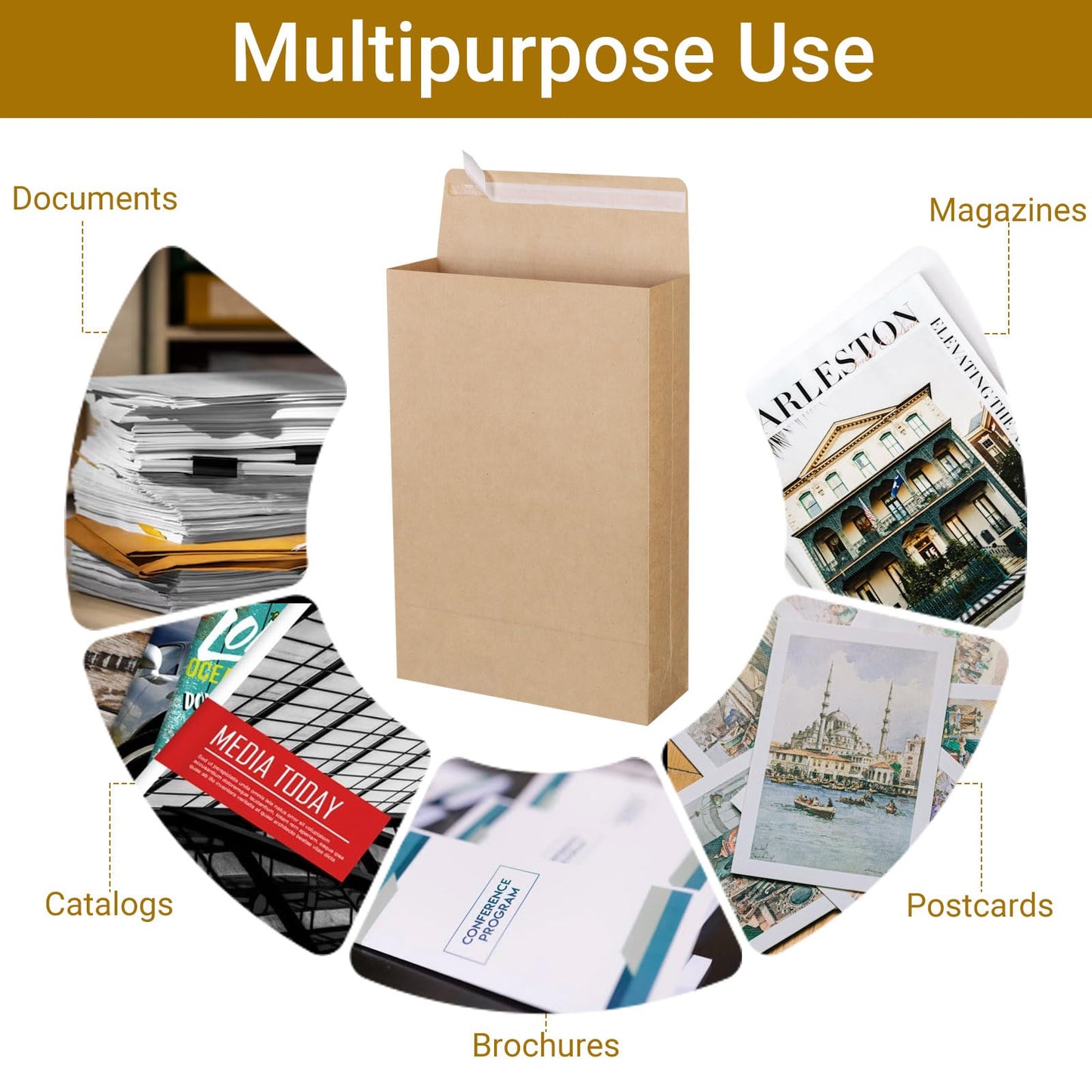 zmybcpack 25 Pack 10" x 15" Self Seal Expandable Catalog Envelopes, Large Kraft Document Envelopes for Documents, Magazines, Photos