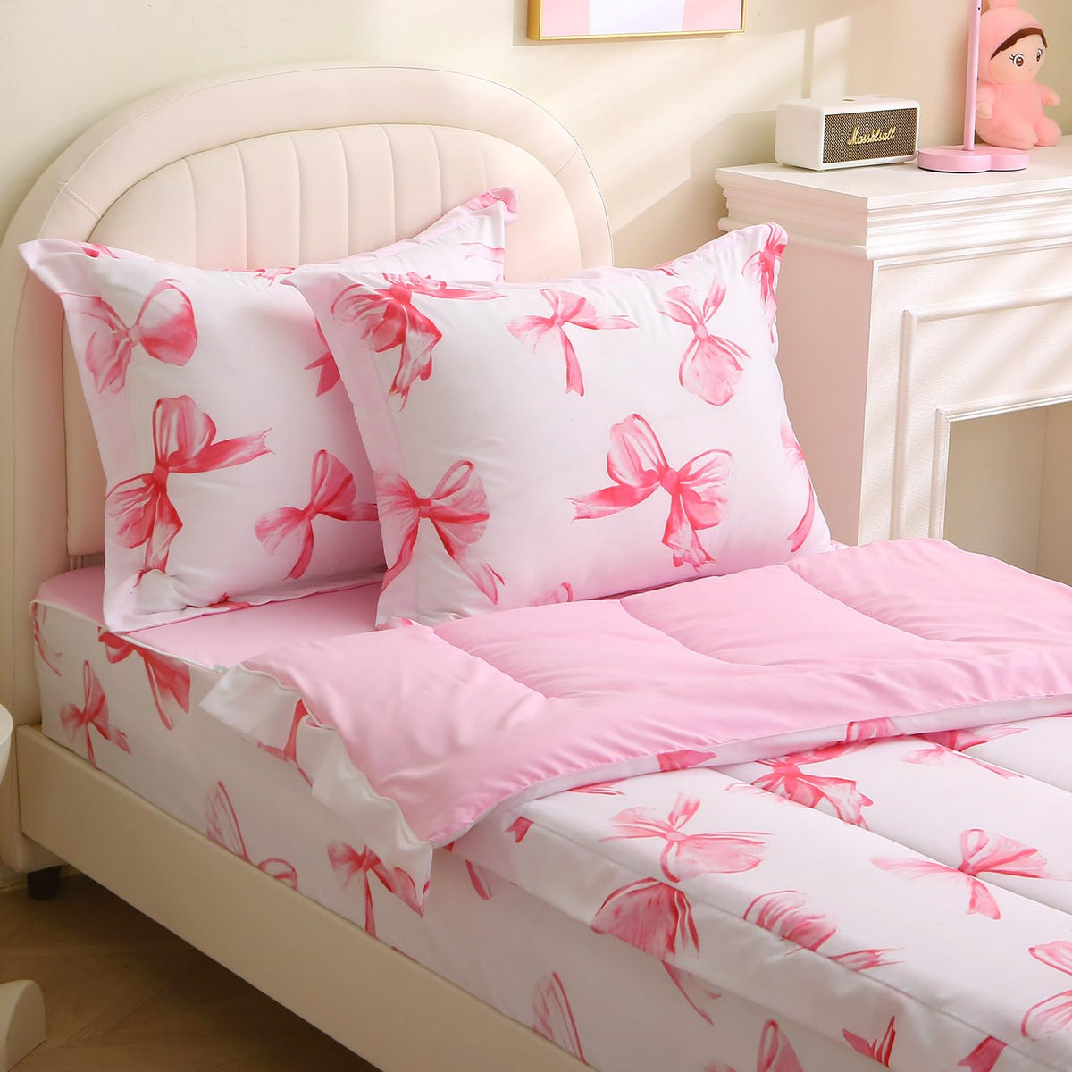 Bow Zipper Bedding Set Twin Size Zipit Bedding for Kids Girls Bow Zip Up Comforter & Sheets Pink Cute Bowknot Zip It Bed Set Children Bedroom Decor