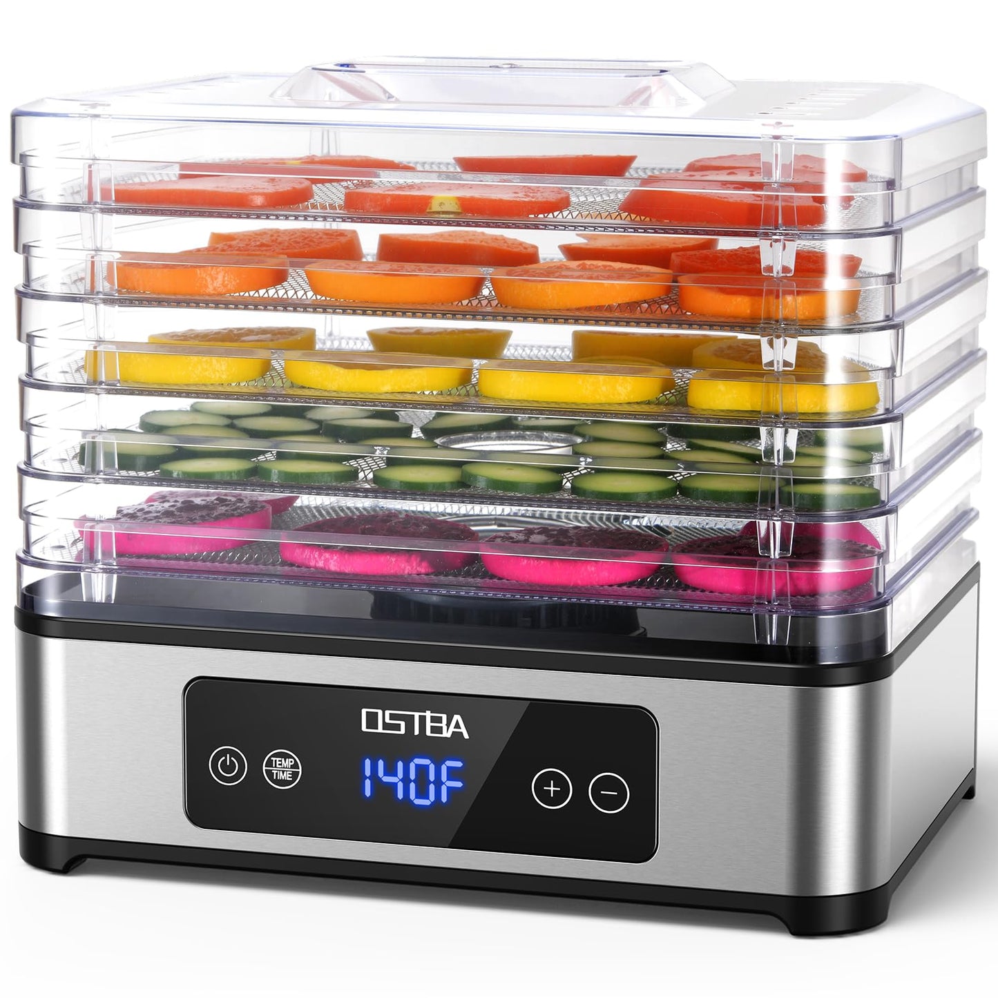 OSTBA Food Dehydrator with 5 Stainless Steel Trays, 400W Food Dryer Machine, 48H Timer & Temp Control 160°F Max, 360° Airflow, BPA-Free, Quiet Operation, Recipes for Jerky, Fruit, Herbs, Pet Treats