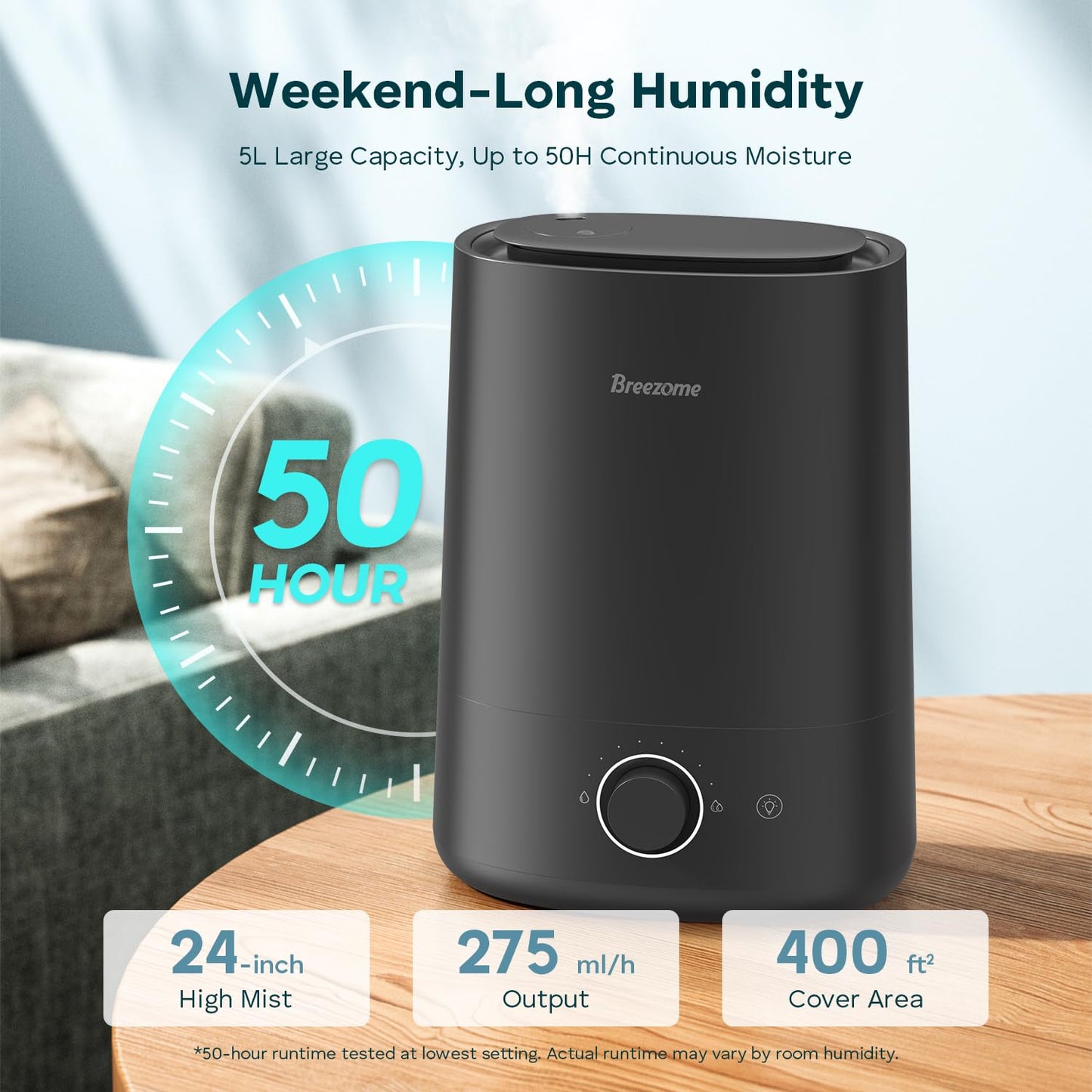 BREEZOME Humidifiers for Bedroom Large Room, 5L Cool Mist Top Fill Humidifier & Aroma Diffuser with Auto Shut-off, 360°Nozzle, 50H Runtime, Quiet Ultrasonic Humidifiers for Baby Nursery, Plants, Home