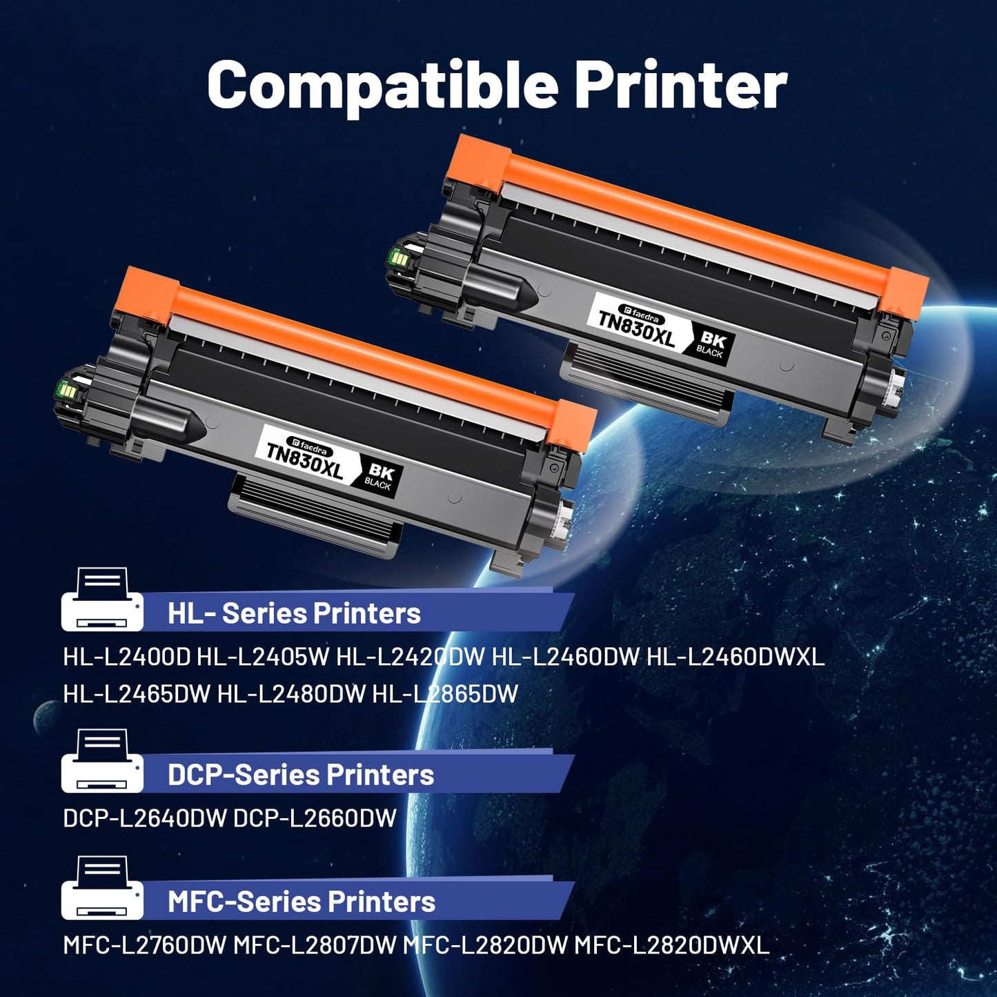 (with Chip) TN830XL Toner Cartridge Compatible Replacement for Brother TN830XL TN830 XL Toner Cartridges for Brother DCP-L2640DW HL-L2460DW MFC-L2820DW HL-L2400D HL-L2405W HL-L2865DW Toner (2 Black)