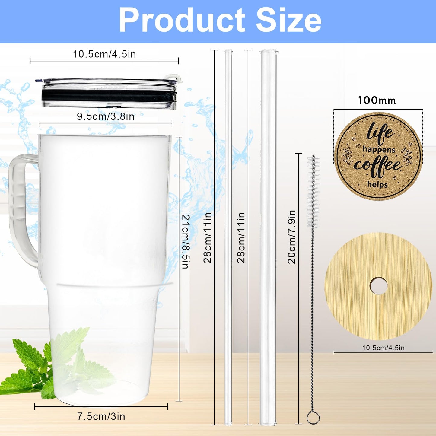 Glass Tumbler with Straws and Lids, 40oz Large Glass Coffee Tumbler with Handle, Clear Water Bottle for Car, Camping, Travel, and Outdoor Activities
