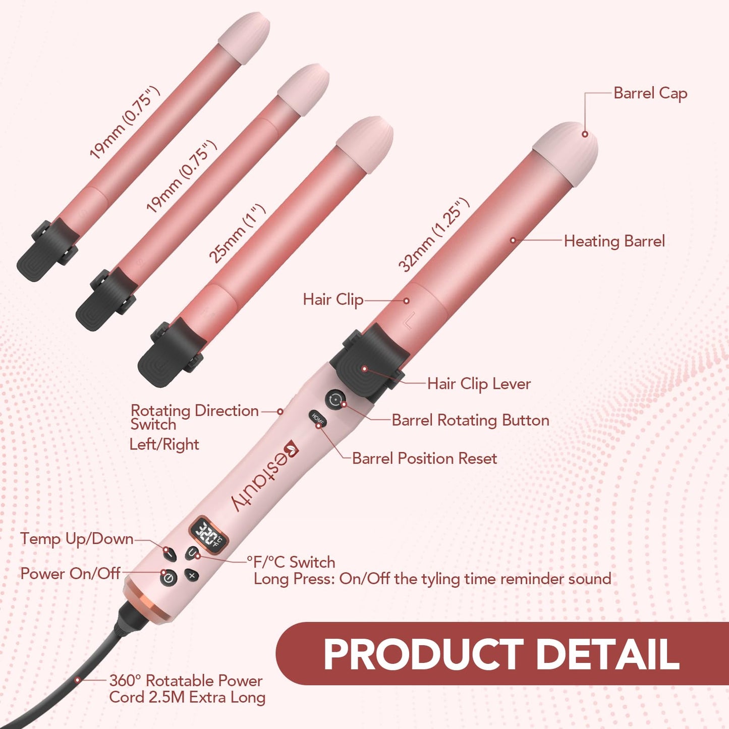 Bestauty Automatic Curling Iron, 0.75(2 PCS)/1/1.25" Interchangeable Ceramic Coating Heating Iron Barrels, Quick Heating Hair Curler 360° Rotating for Waver Curl, 4 Adjustable Temperature 320°F-430°F