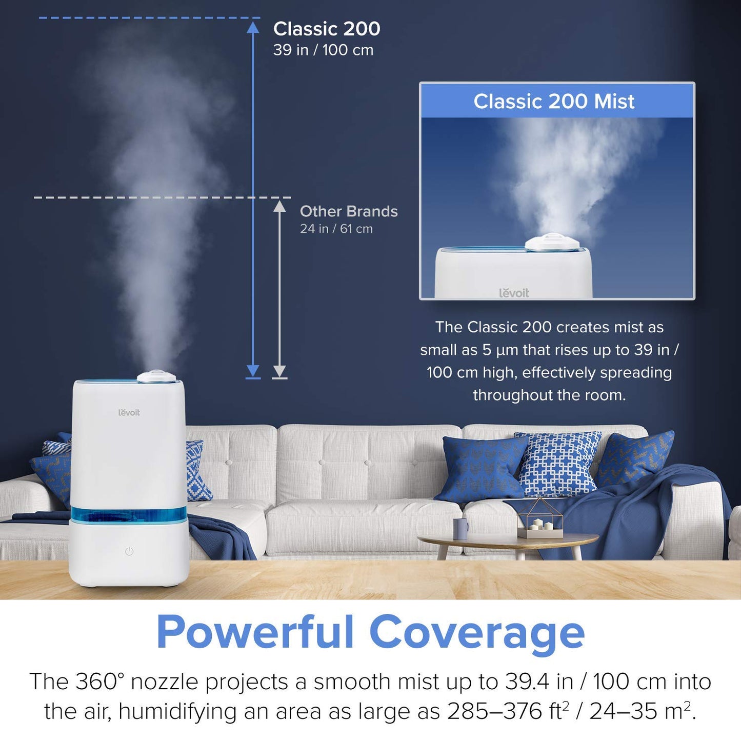 Levoit Humidifier for Bedroom, 4L Cool Mist Humidifiers for Plants, Baby Nursery with Essential Oil Tray, Quiet Operation, BPA Free, Last Up to 40h, White, Small