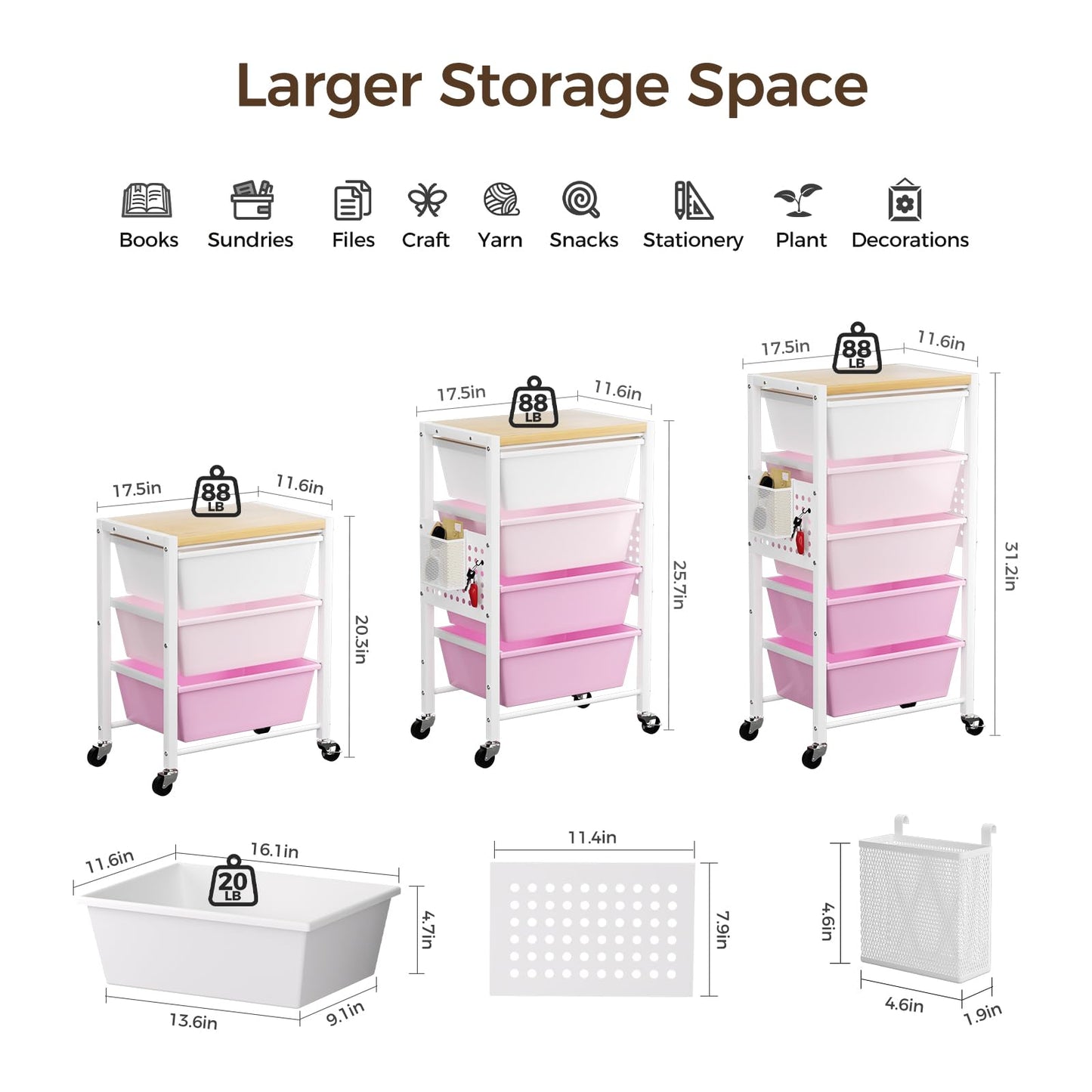 Rolling Cart with 3 Drawers, Plastic Drawer Storage Carts with Lockable Wheels & Wooden Tabletop, Metal Utility Cart Organizer, Office Bedroom Classroom Craft Organization and Storage, Bright Pink