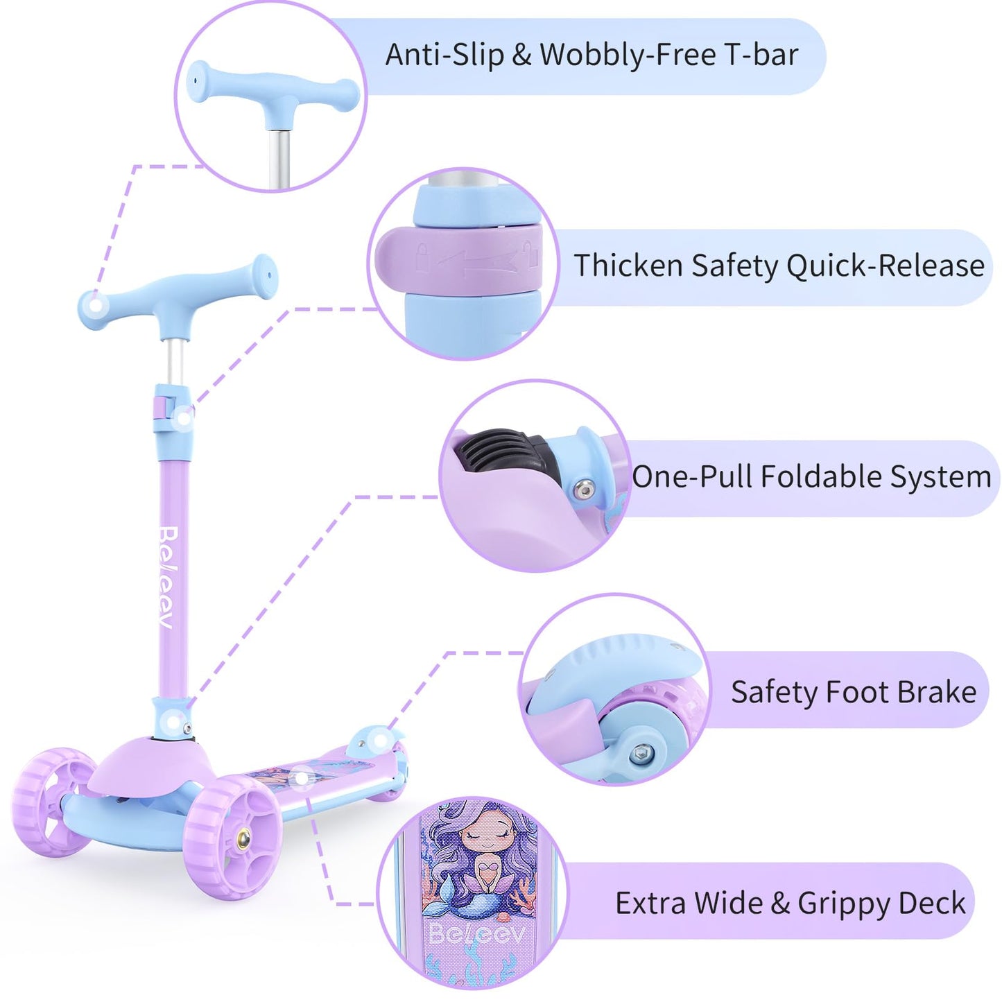 BELEEV A9 Scooter for Kids with Light-Up Deck & Wheels, 3 Wheel Folding Scooter for Toddlers Girls Boys Ages 3-12, 4 Adjustable Height, Extra Wide Deck, Lightweight Kick Scooter for Children