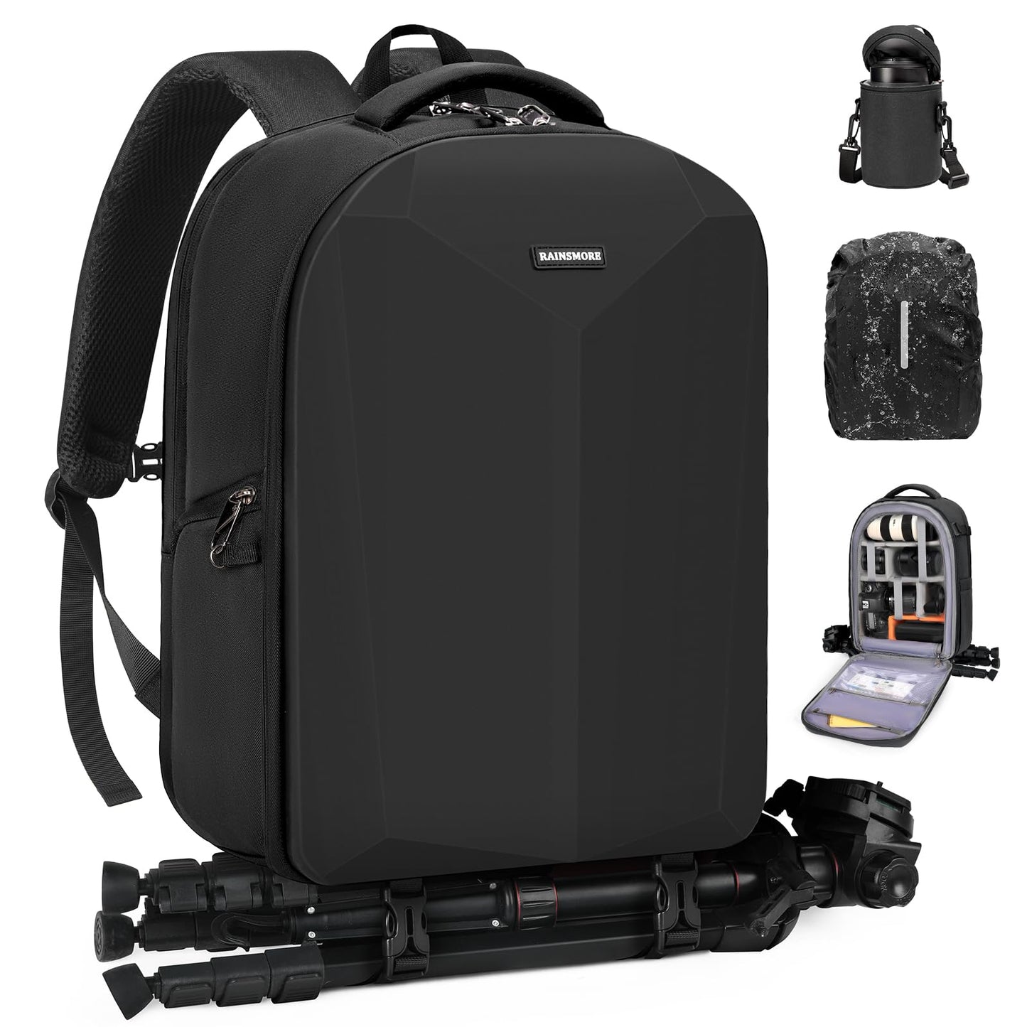 RAINSMORE Camera Backpack Hard Shell for DSLR/SLR Waterproof Camera Bag with Laptop Compartment 15.6 Inch Professional Camera Case with Rain Cover Photography Backpack Bag with Camera Lens Case Black