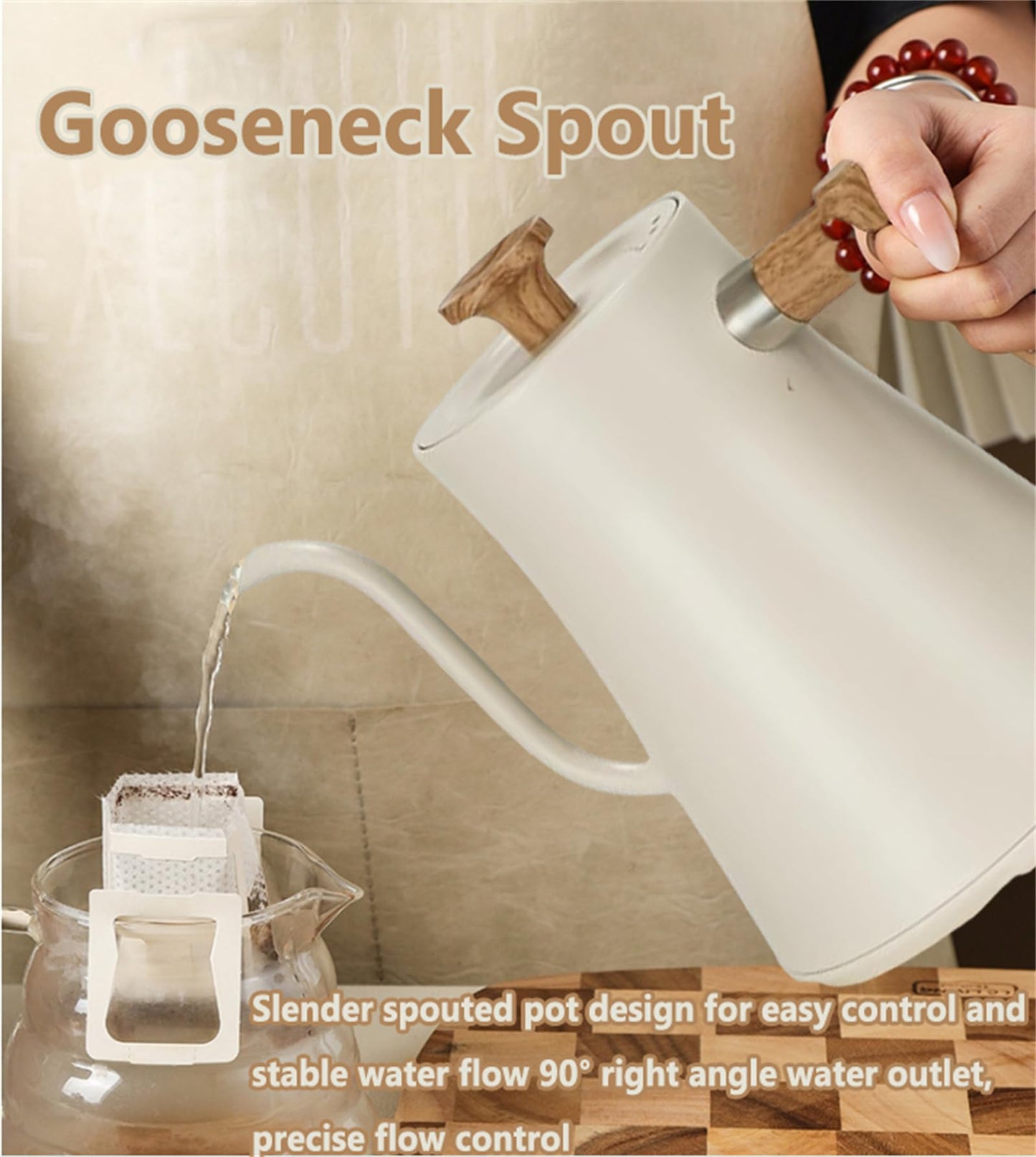 Electric Gooseneck Kettle, 304 Stainless Steel Electric Tea Kettle Temperature Control Pour-Over Coffee and Tea Pot 1200W Quick Heating Hot Water Boiler Anti-dry Protection, 0.9L (Cream White)