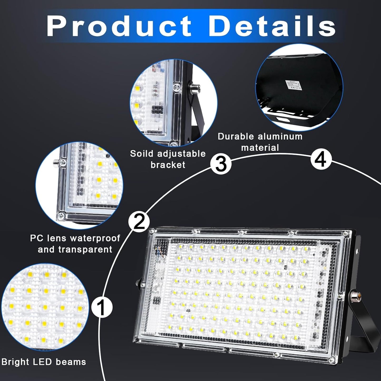 100W Flood Light Outdoor, 4 Pack 10000 Lumens LED Flood Light, 6500K Super Bright Plug in Outdoor Lights, IP66 Waterproof Work Light Exterior Security Lights for Garden, Yard, Garage, Playground