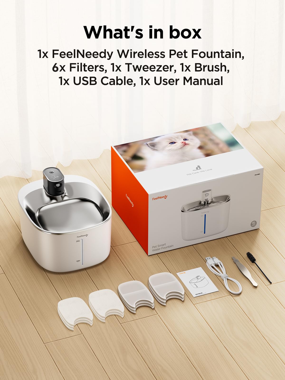 Wireless Cat Water Fountain Battery Operated, FEELNEEDY 4L/135 fl oz Pet Water Fountain for Cats and Dog with Motion Sensor, Wireless Ultra Quiet Cat Drinking Fountain with 6 Filters White YPD-C004