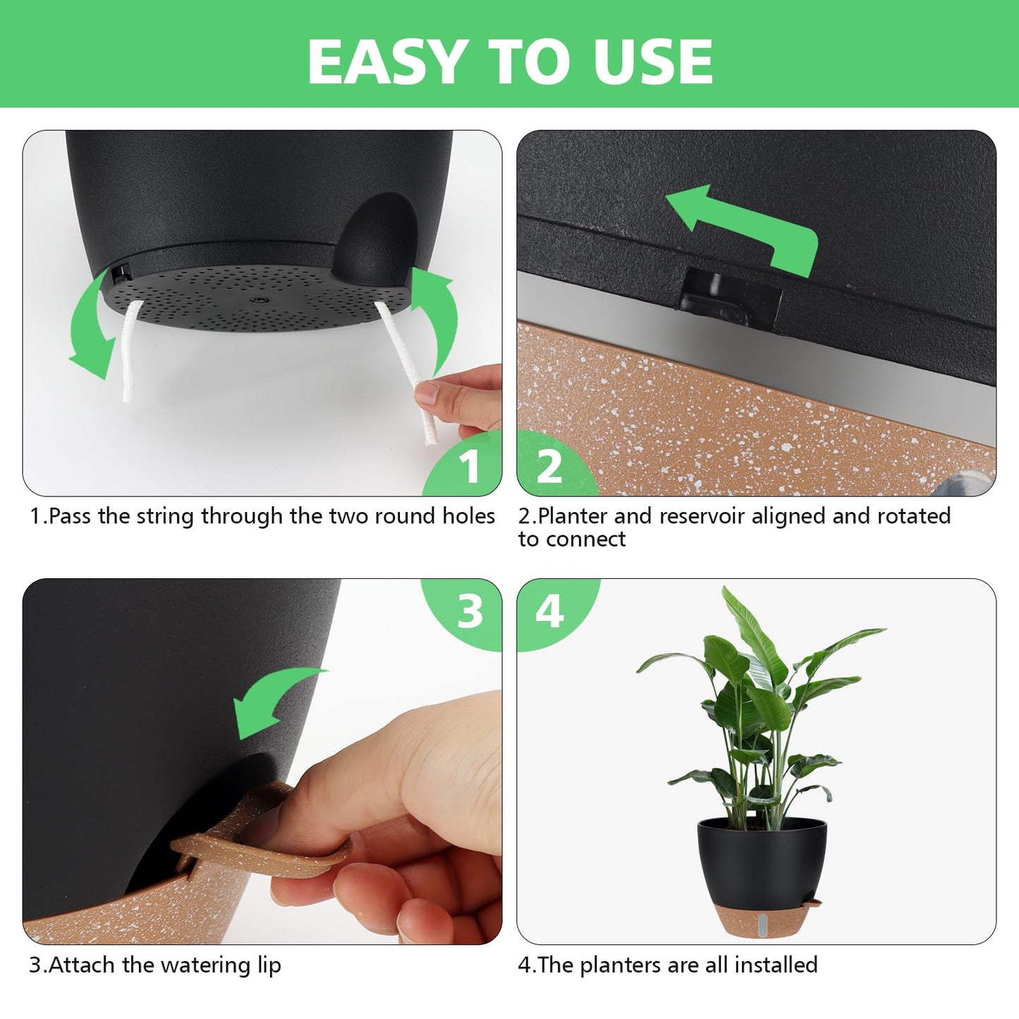 12" 10" 9" 8" Self Watering Pots with Water Level Indicator, Large Plastic Planters Set with Mesh Drainage Hole and Removable Saucer Reservoir, Big Flower Pot for Indoor Outdoor Plants - Black