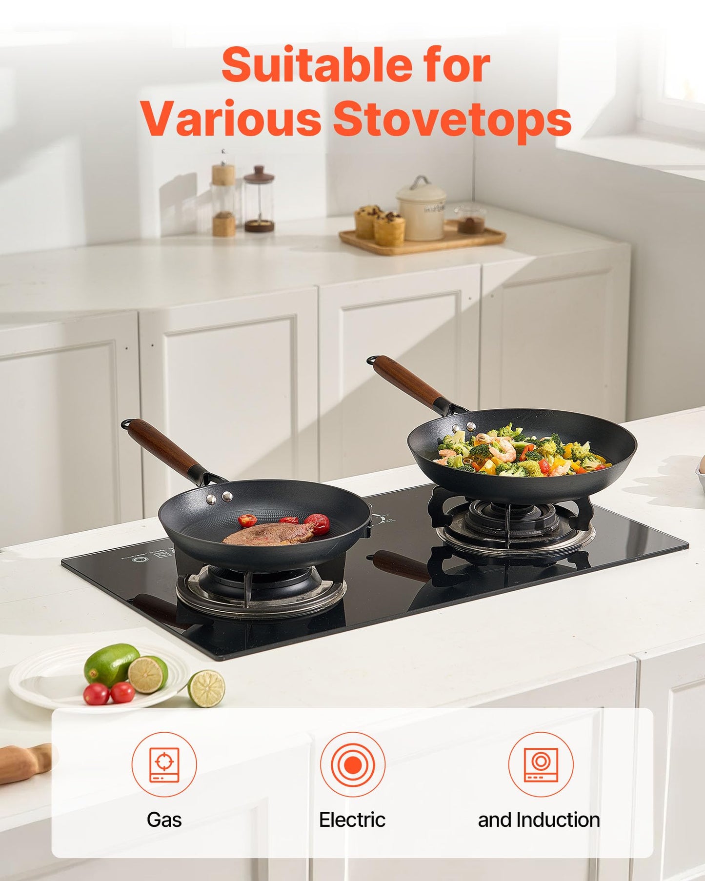 VEVOR Cast Iron Skillet, 3-Piece Frying Pan Set (8, 10, 12 in), Nonstick Skillets with Detachable Wood Handle, Pre-Seasoned Chef's Pan, Kitchen Cookware for Gas, Electrical, and Induction, Black