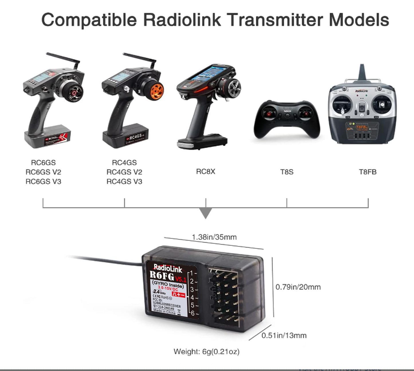 Eighteenup Radiolink R6FG 6 Channels 2.4GHz Surface Receiver Works with Radiolink Remote Controller RC4GS V2/RC4GS/RC6GS V2/RC6GS for RC Car&Boat(2 Pcs)