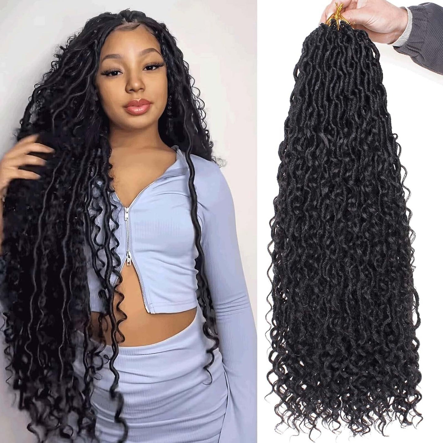 Xtrend 8 Packs River Boho Faux Locs Crochet Hair 12Strands/pack Wavy With Curly Hair Pre-looped Synthetic Bohemian Goddess Locs Crochet Braids Hair Extensions (1B 30Inch)
