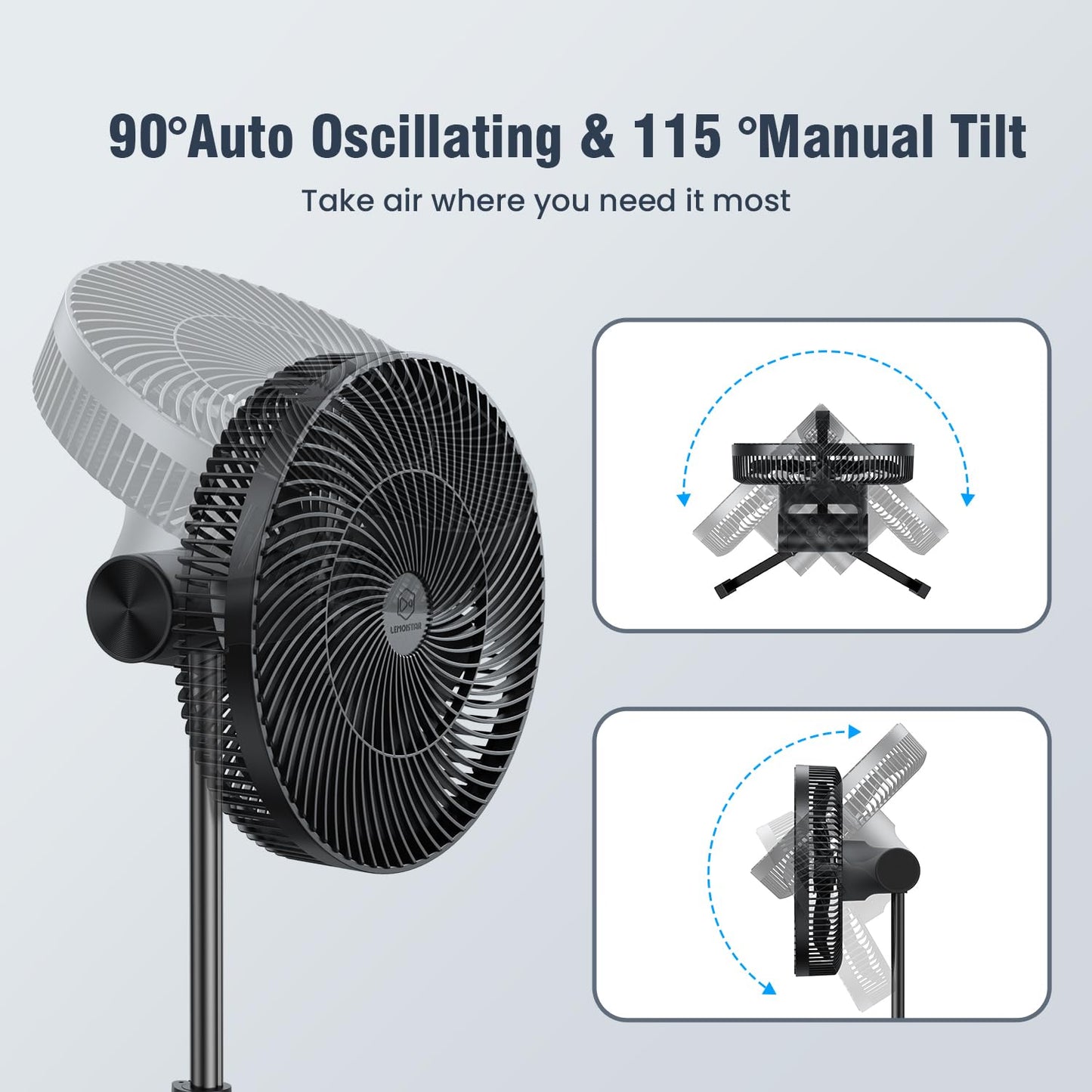 12” Portable Fan 16000mAh Battery Operated Rechargeable, Oscillating Pedestal Stand Fan, Adjustable Height, Remote Control, 4 Seeds, Timer, Cordless Fan for Travel Camping Bedroom