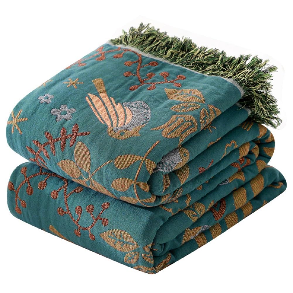 Boho Throw Blanket for Bed - 100% Cotton Ultra Soft Rustic Quilt Blanket Blue Bird Floral Printed Decor Farmhouse Bed Blankets, Super Soft Warm All Season Blanket for Sofa Couch Bed Chair, 60"×80"