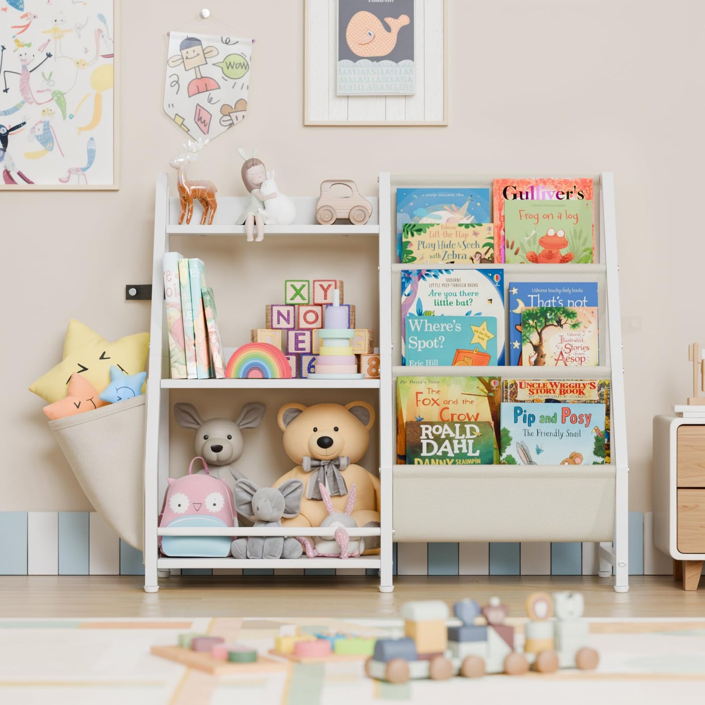LATIBELL 3 Tier Kids Bookshelf and Toy Storage, Book Sling Shelf, Montessori Baby Toddler Bookshelf for Kids Bookcase, Toy Storage Organizer, for Playroom, Bedroom, Nursery (White)