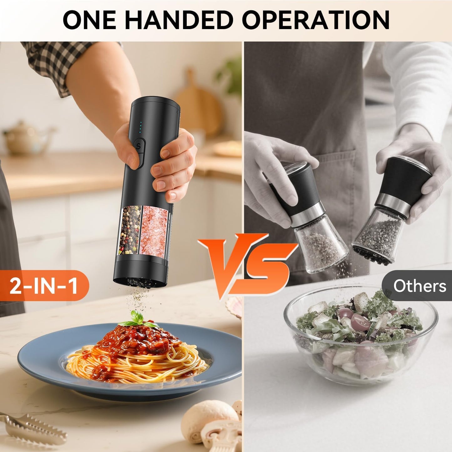 HeatBay 2 in 1 Electric Salt and Pepper Grinder Set, USB Rechargeable, Automatic Salt and Pepper Mill Shakers with Battery Display, LED Light, Adjustable Coarseness(Black)
