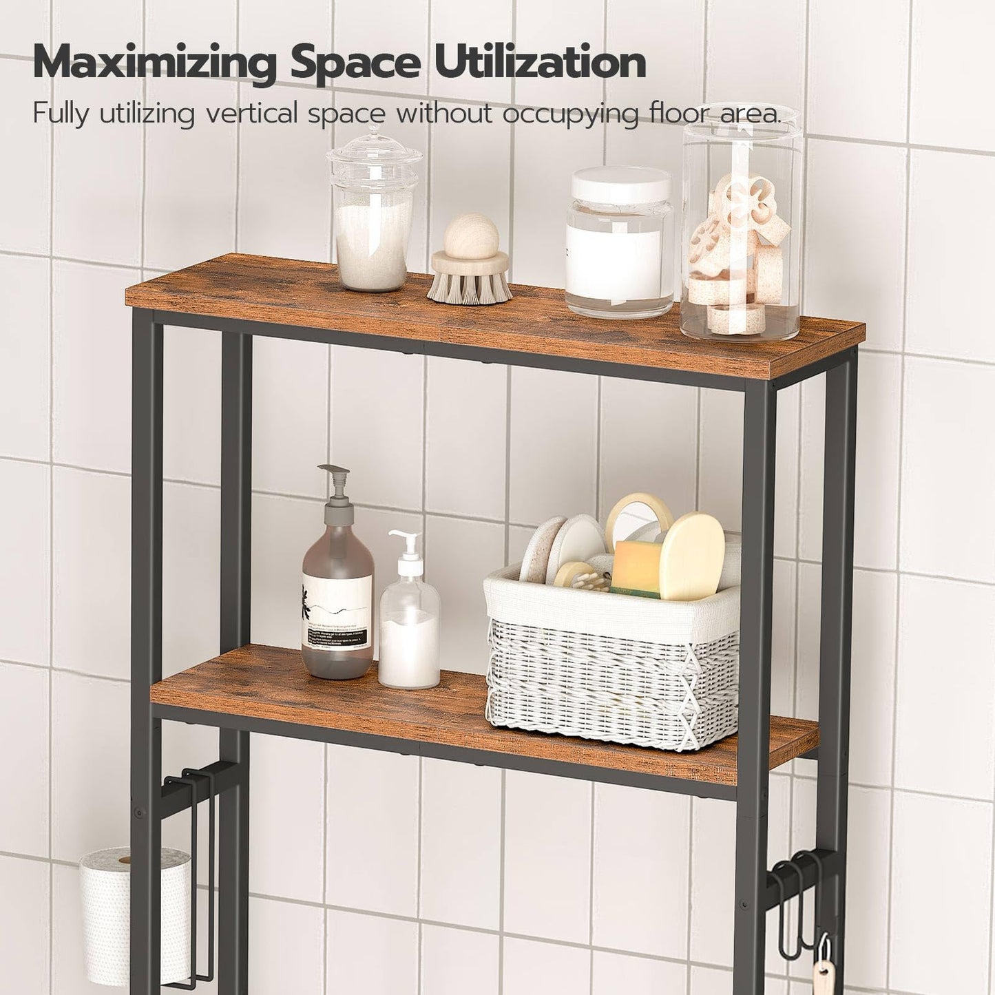 HOOBRO Over The Toilet Storage, 2-Tier Over Toilet Bathroom Organizer Shelf, with Toilet Paper Holder and Hooks, Sturdy and Durable, for Bathroom, Toilets, Rustic Brown and Black BF49TS01