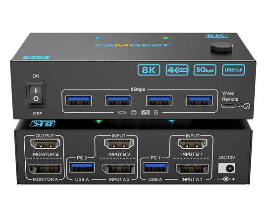 4K@144Hz KVM Switch 2 Monitors 2 Computers 8K@60Hz,Camgeet HDMI and Displayport Dual Monitor KVM Switch with 4 USB 3.0 Port for Keyboard Mouse Printer,Wired Remote,Power Adapter and USB Cable Included